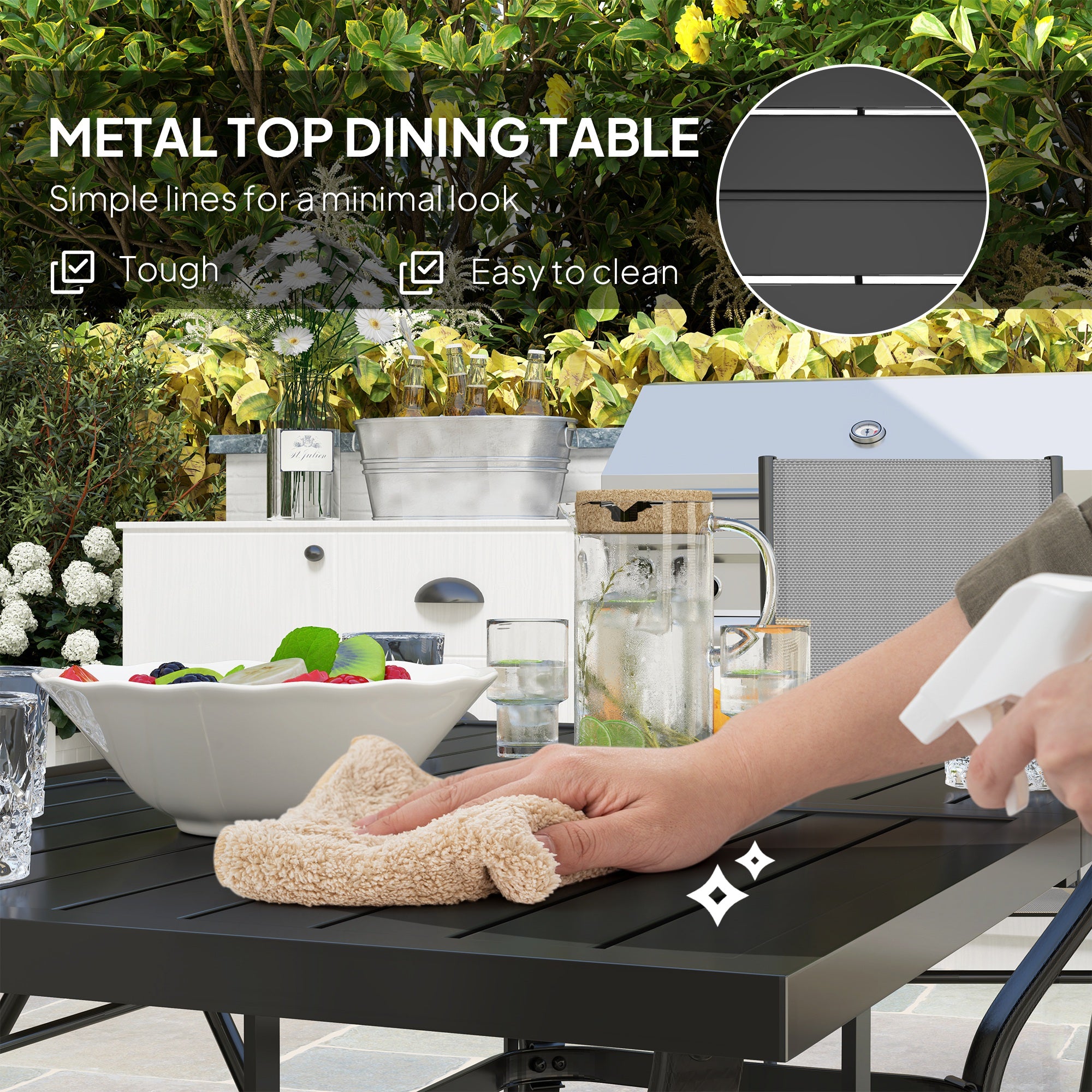 Seven-Piece Dining Set, Parasol Hole, Steel, Grey