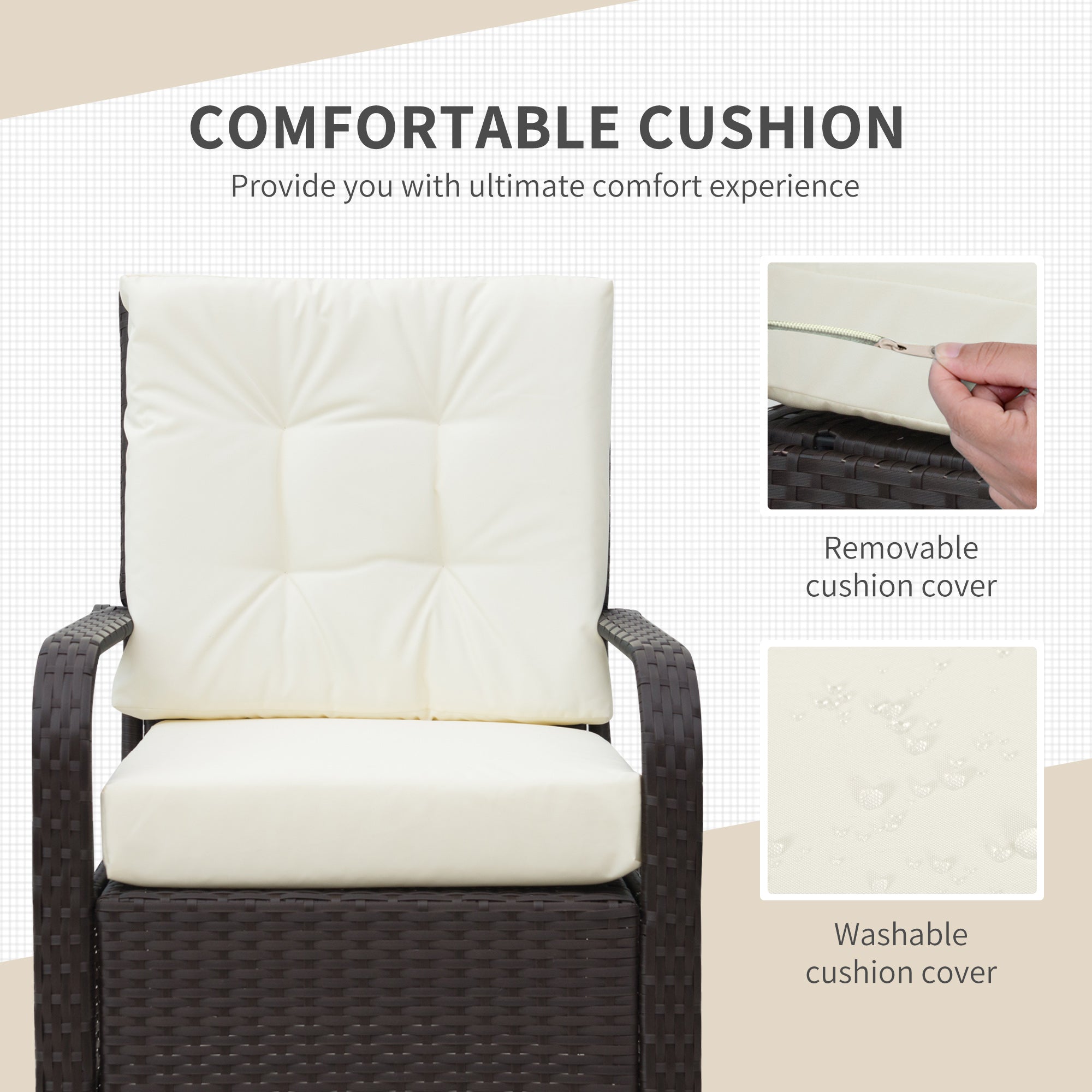 3 Pieces Rattan Bistro Set, Wicker, Glass Coffee Table & 2 Cushioned Chairs, Cream White