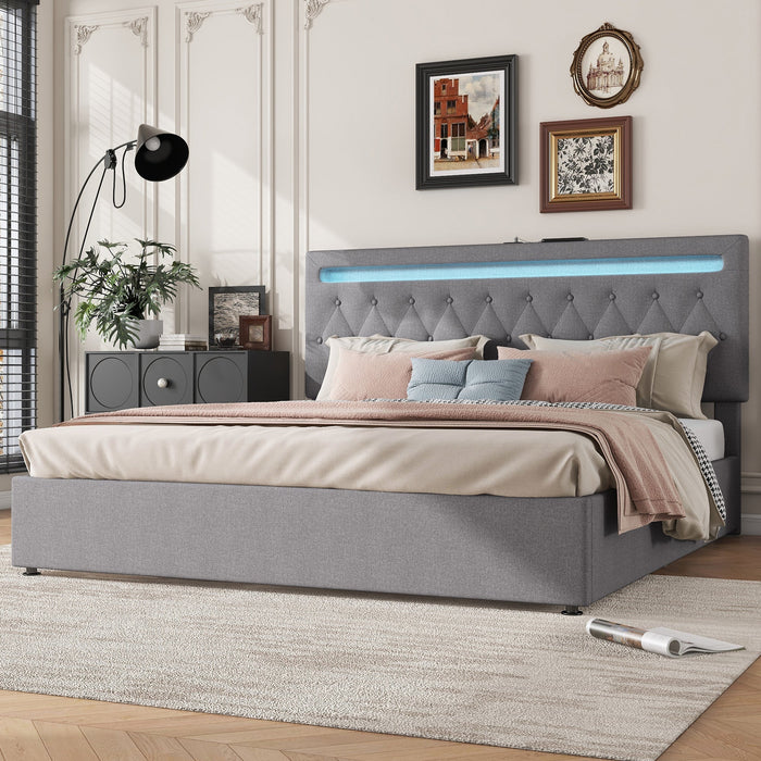Upholstered Bed 180x200cm Hydraulic Lift Ambient Light USB - Grey