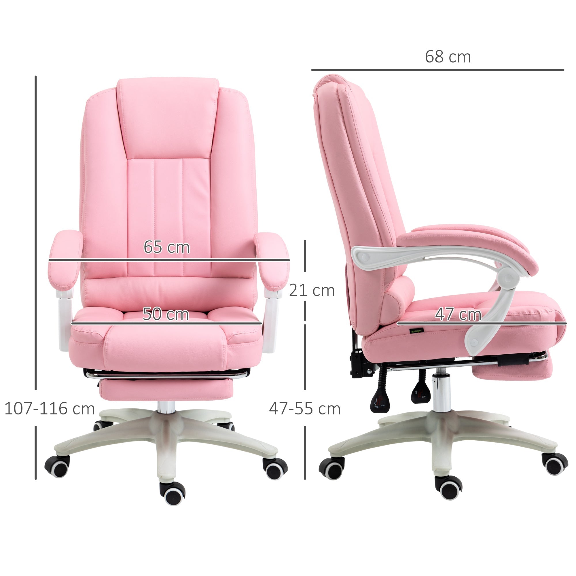 Office Chair Reclining Footrest Casters Adjustable Faux Leather Pink