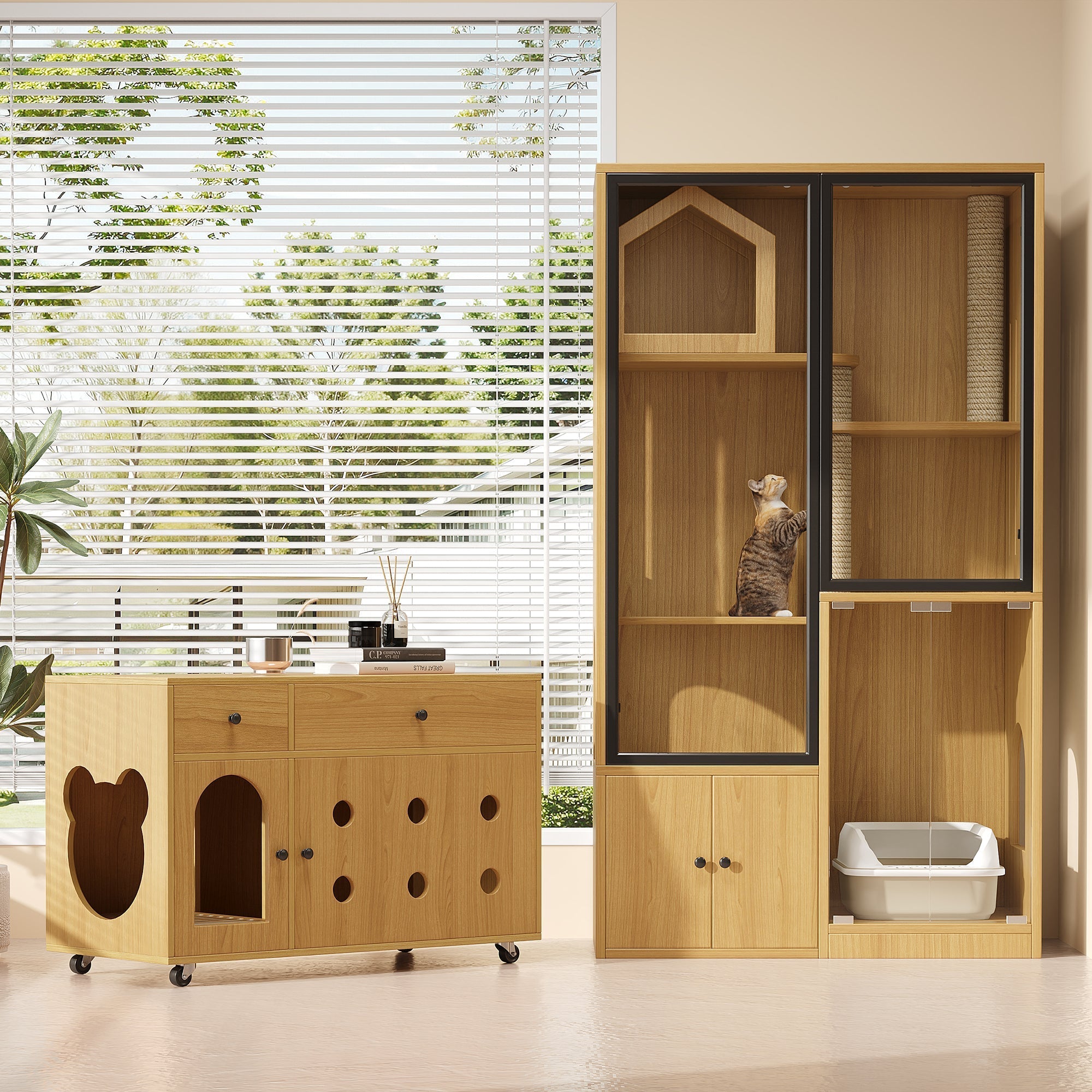 Cat Villa Litter Box Cabinet Glass House - Yellow Maple Wood Color