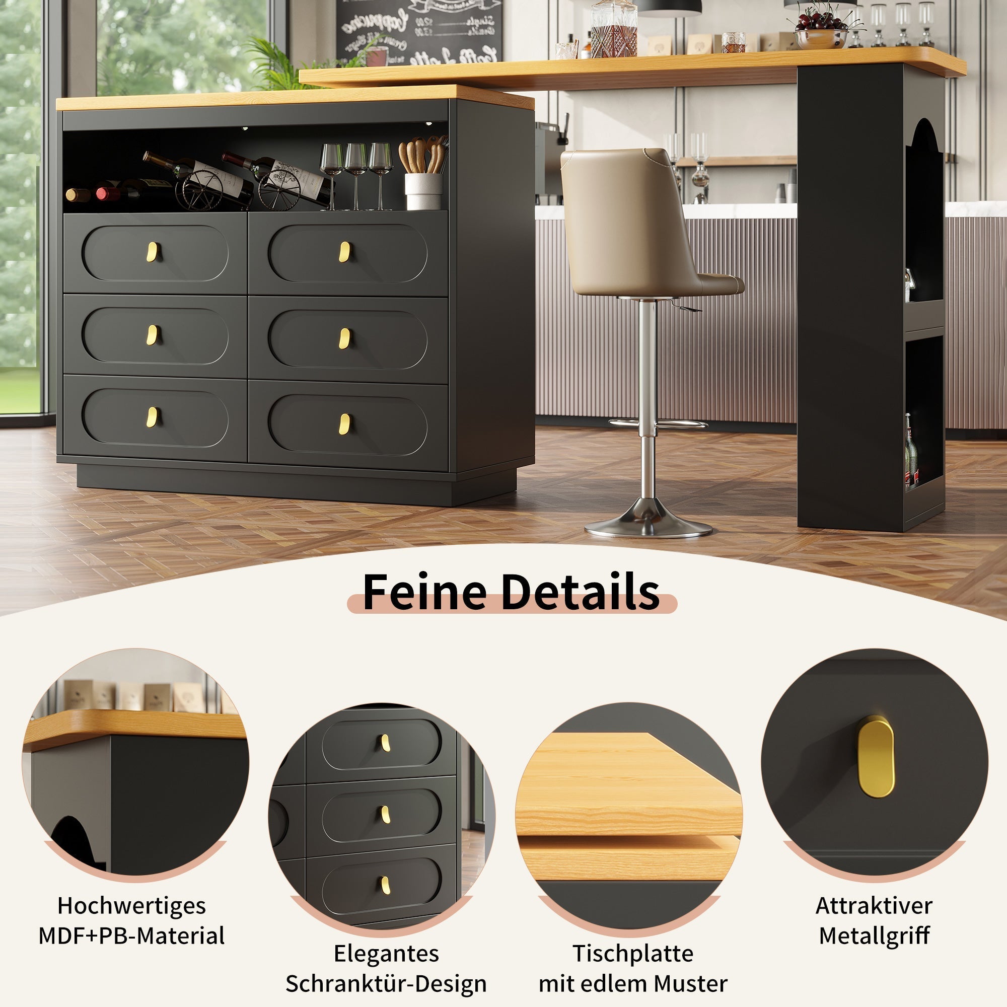 Bar Table Extendable 360° Swivel Mobile Storage Drawers - Black
