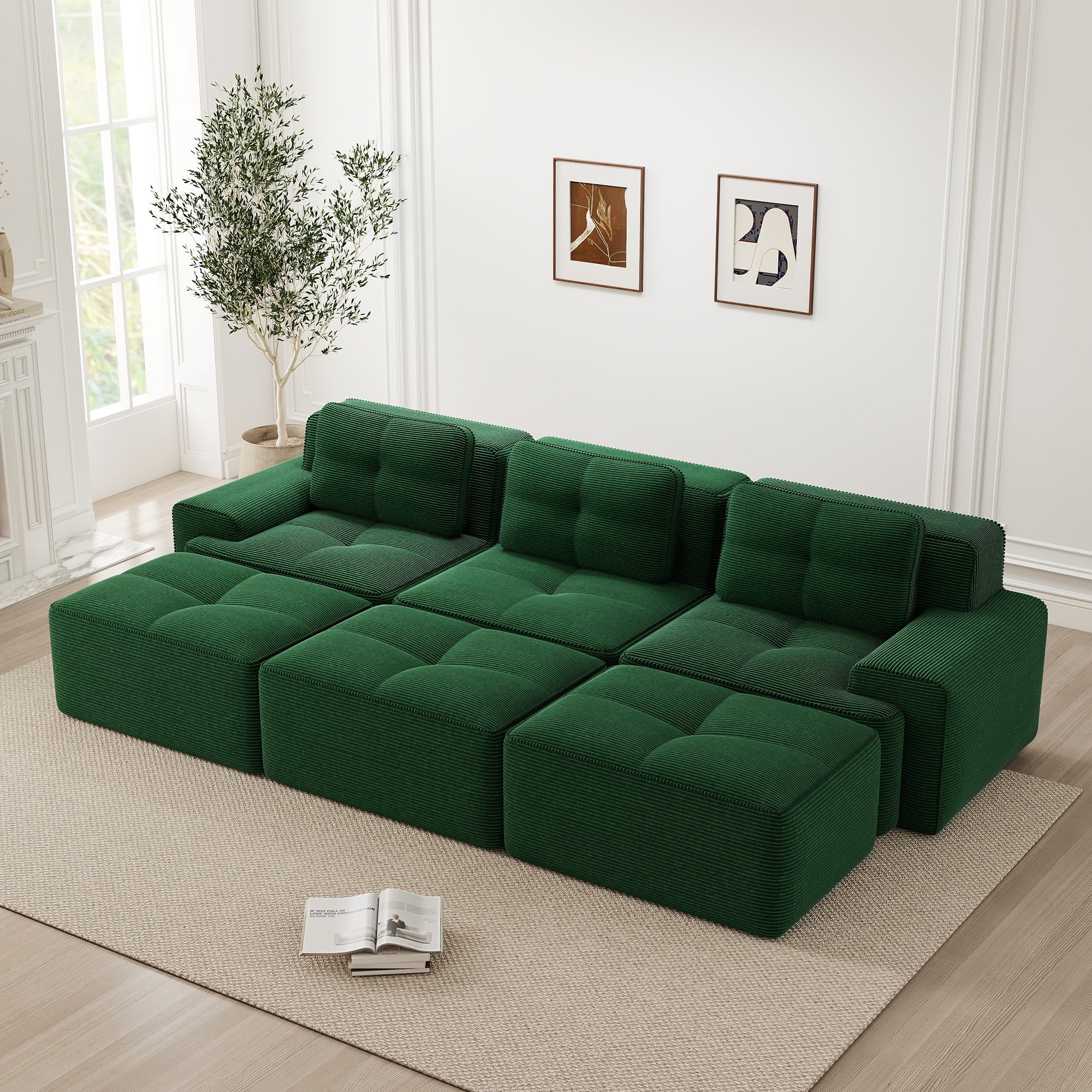 Frameless Modular Corner Sofa Sleeper with 3 Ottomans - Green Corduroy
