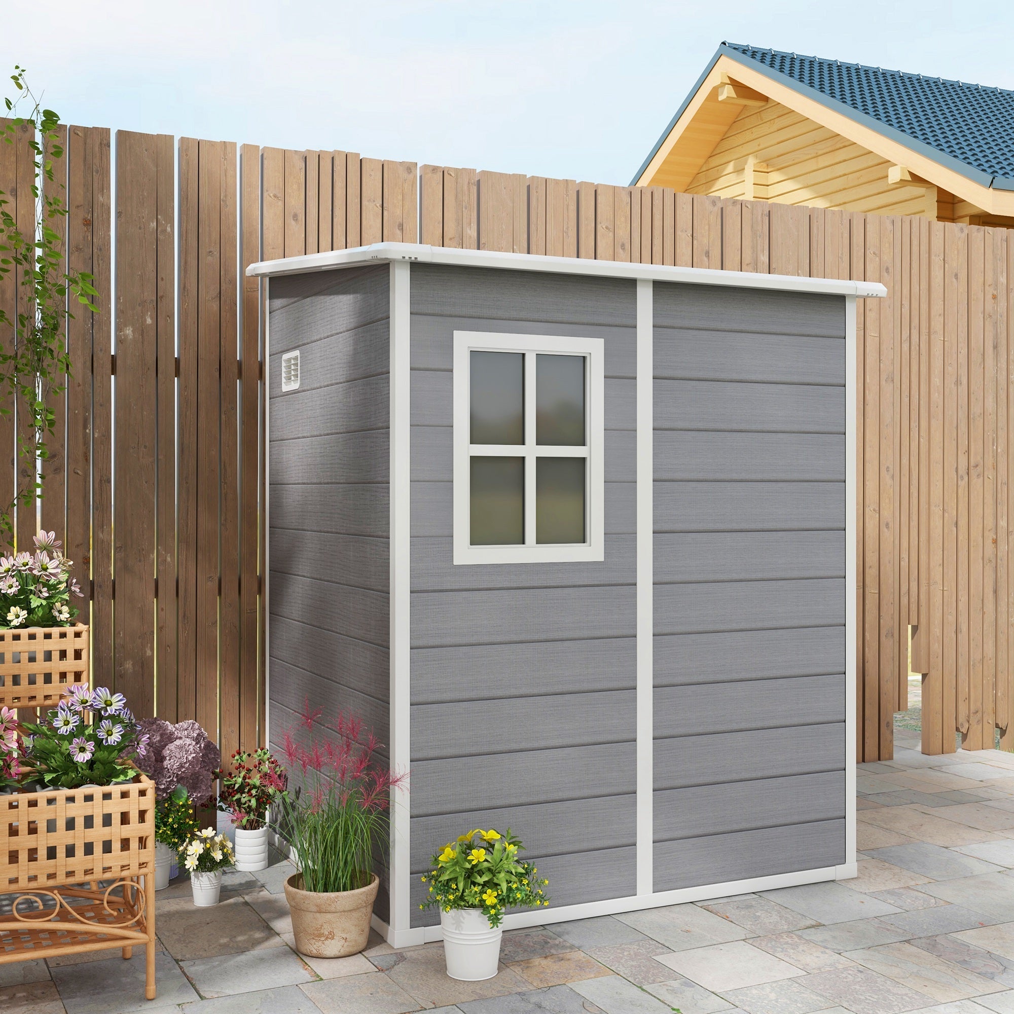 4'x5' Garden Storage Shed with Window, Vent, Plastic Roof, Grey