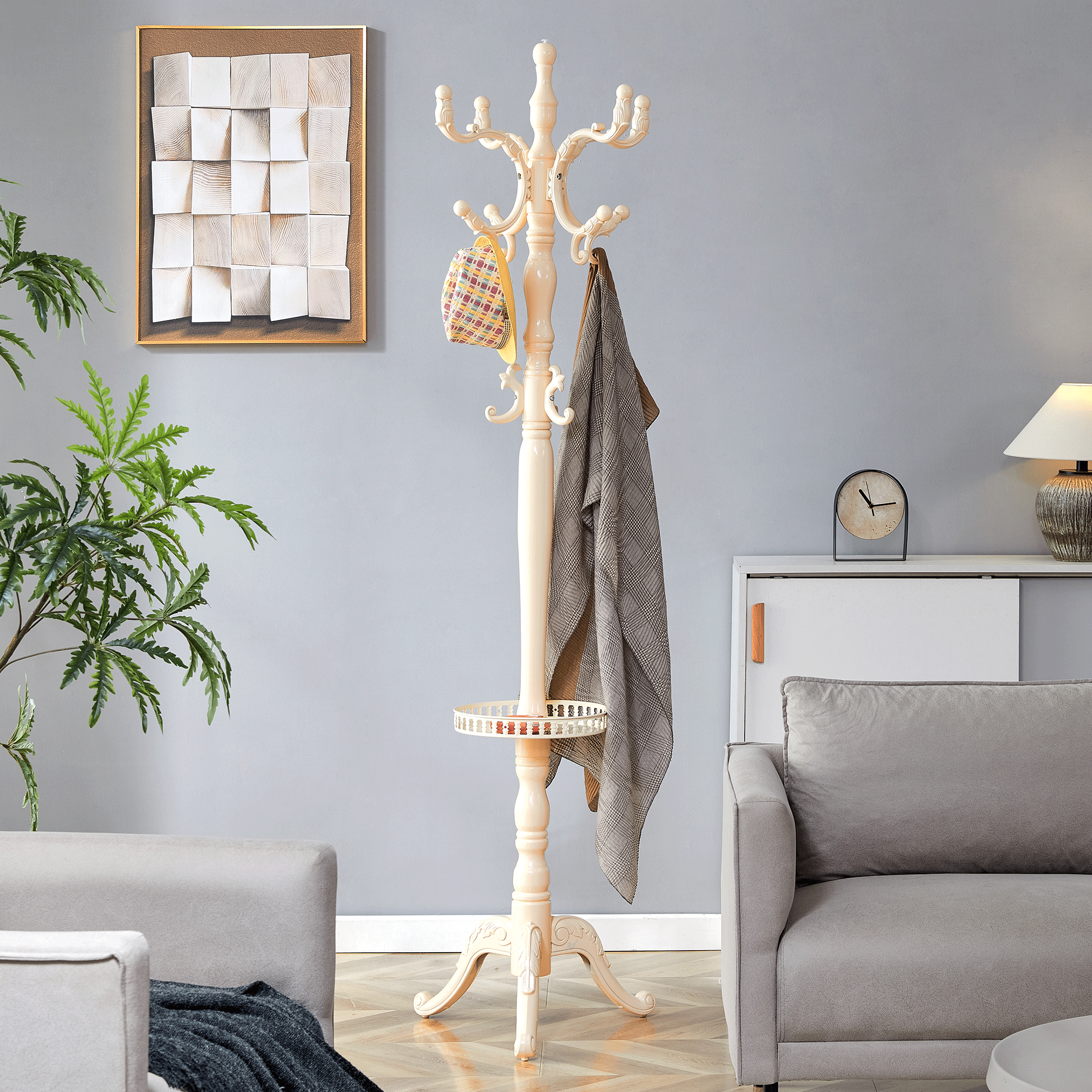 Clothes Rack European Solid Wood Multiple Hooks - Creamy White