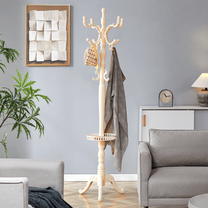 Clothes Rack European Solid Wood Multiple Hooks - Creamy White