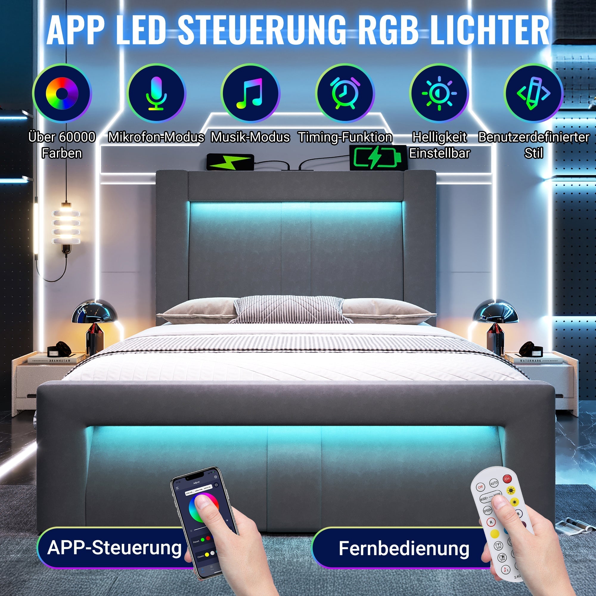 Single Hydraulic Bed 90x200 cm with LED, Storage, Charging Ports and Mattress, Grey Velvet