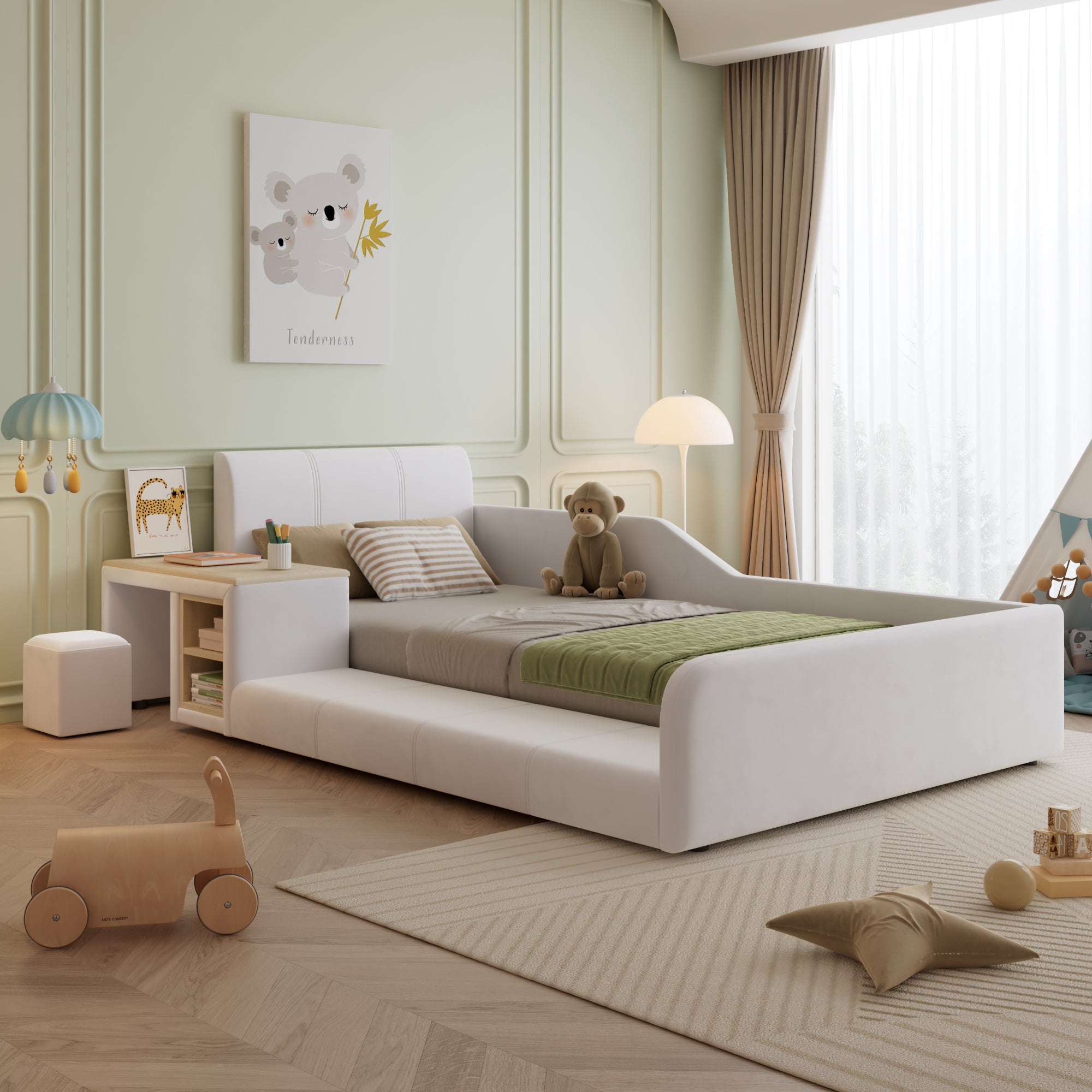 Upholstered Single Bed with Desk, Stool and Storage, 90x200cm, White Velvet