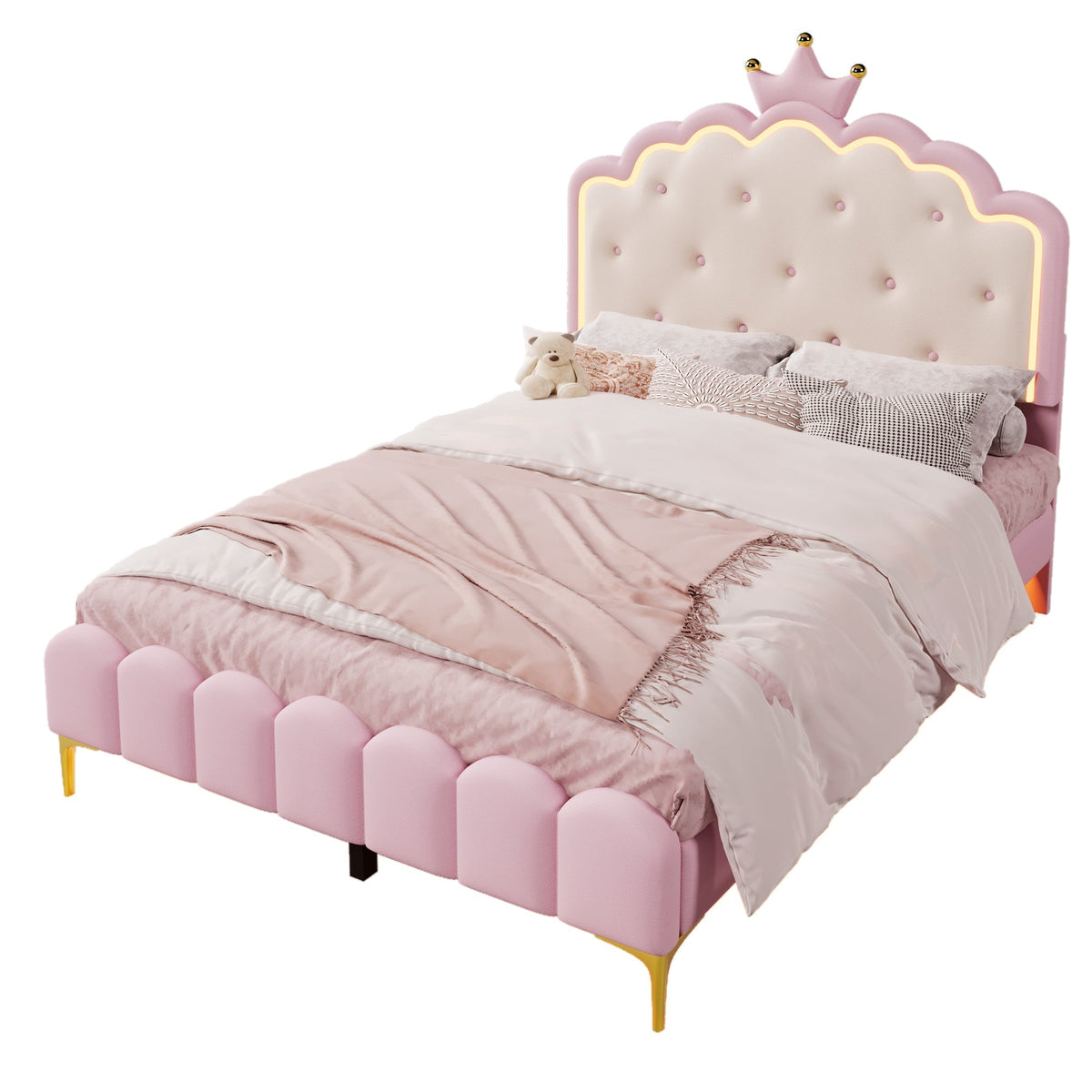Upholstered Bed 140x200cm Princess Shape Ambient Light PU Pink
