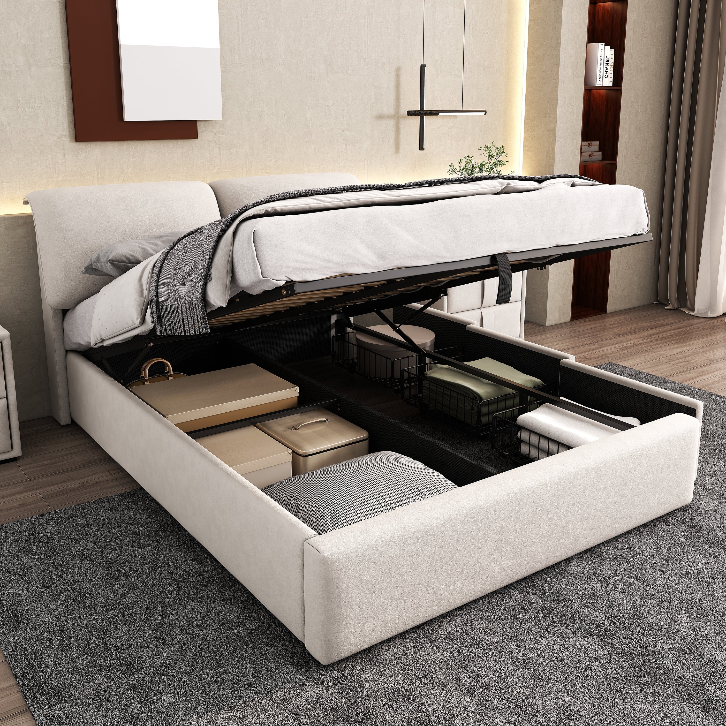 Upholstered Bed 140x200 Hydraulic Storage with 3 Drawers and Headboard, Velvet Beige