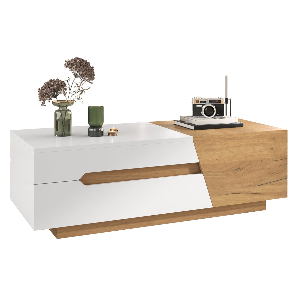 Extendable Coffee Table, Living Room Side Table with Drawers, Color Block Structure