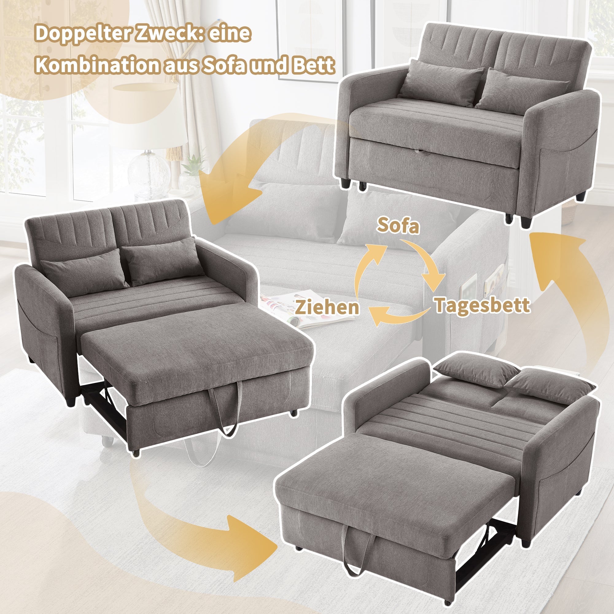 Two-Seater Sofa Bed with Adjustable Backrest and Pull-Out Design, Cotton-Linen Fabric