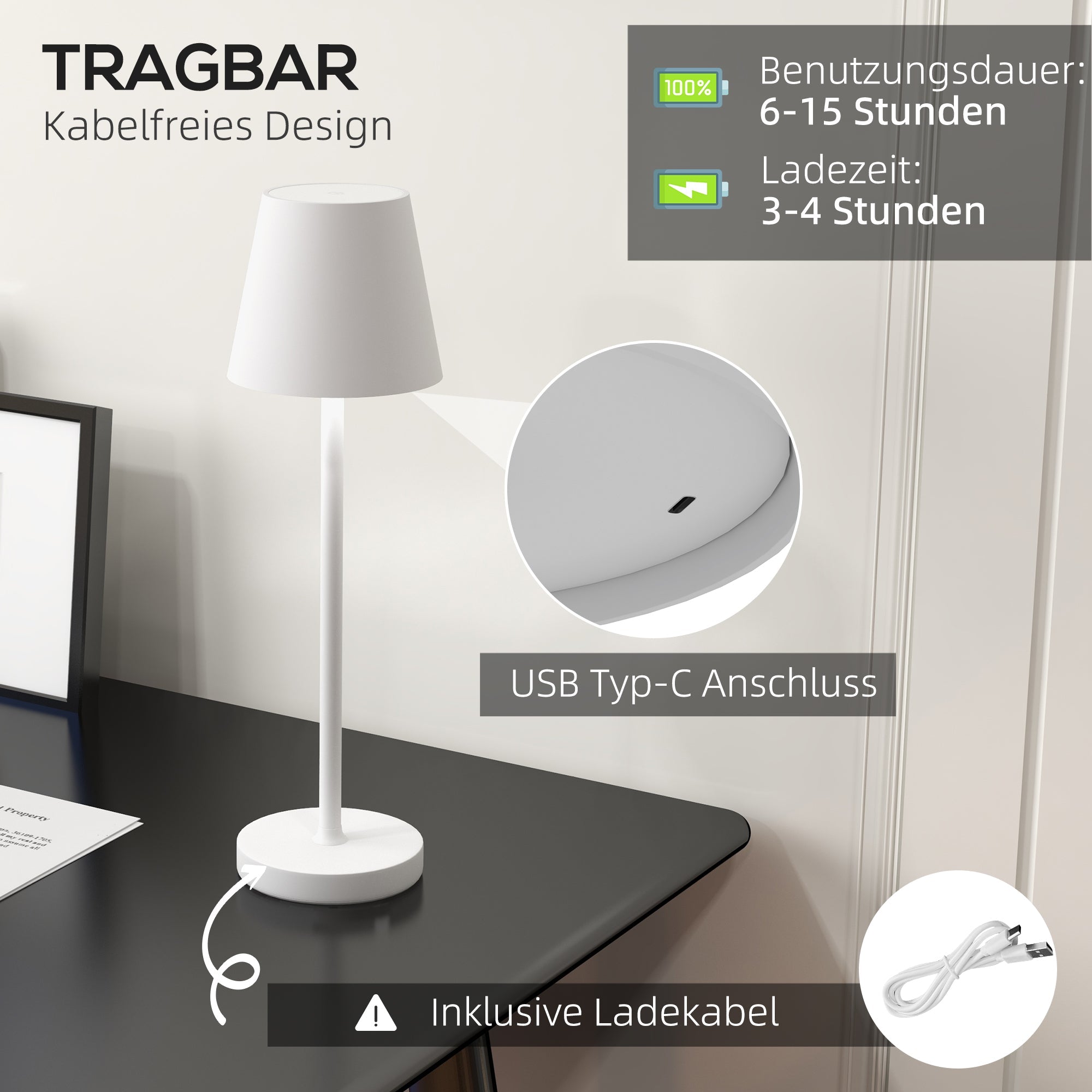 Table lamp rechargeable USB with 3 light colors portable bedside lamp metal white