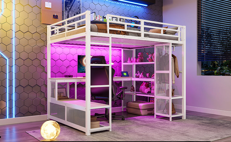 Metal Loft Bed with Wardrobe, USB Port and LED Lighting, White
