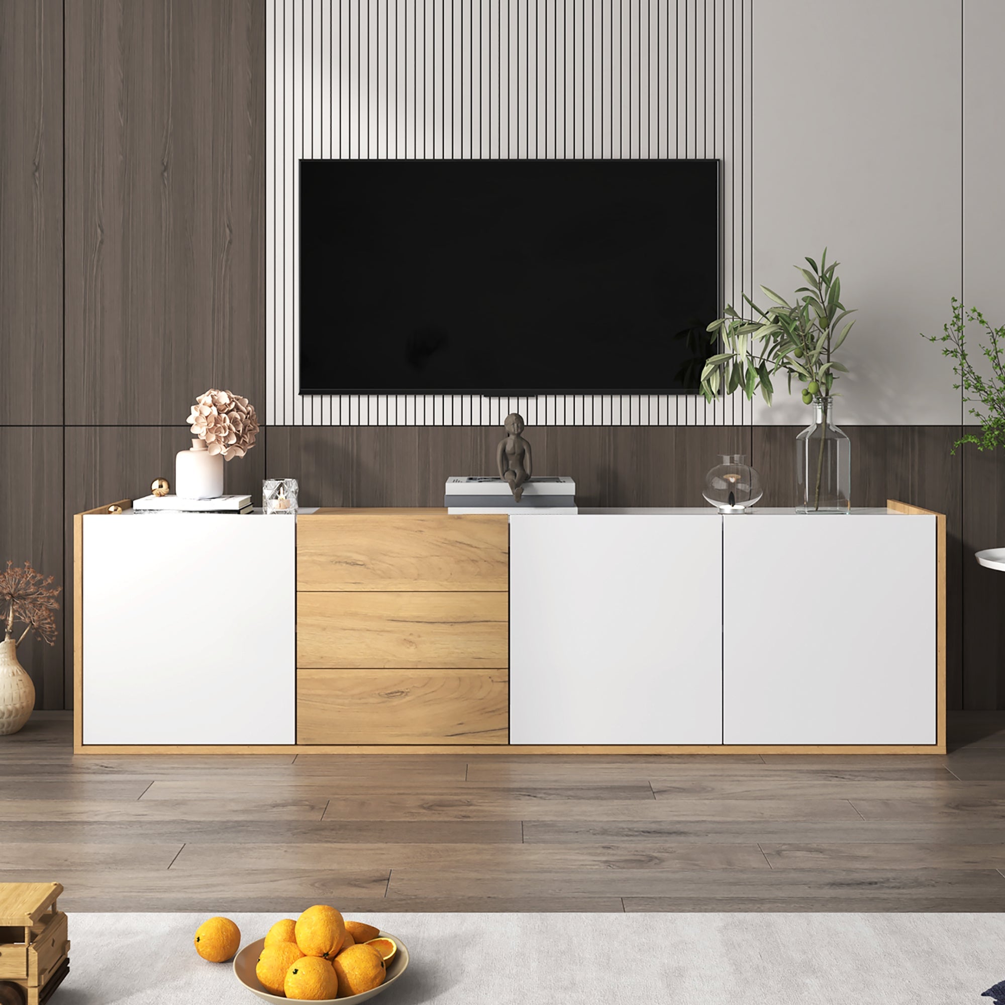 TV Cabinet, Low Panel Wall/Floor Mount, White and Wood