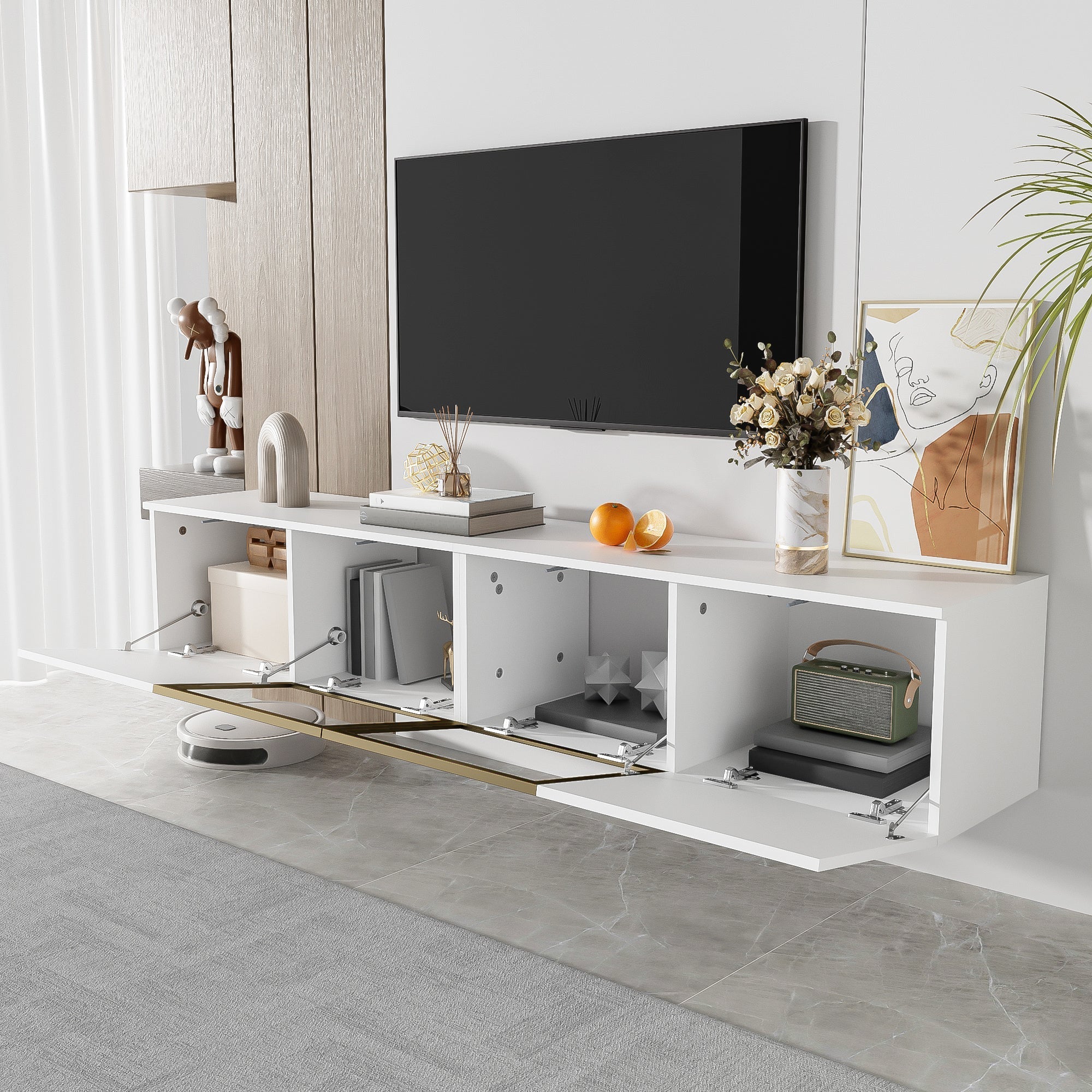 TV Cabinet 170cm Minimalist Style, Floor and Wall Mounted, 4 Doors (2 Glass Doors), White