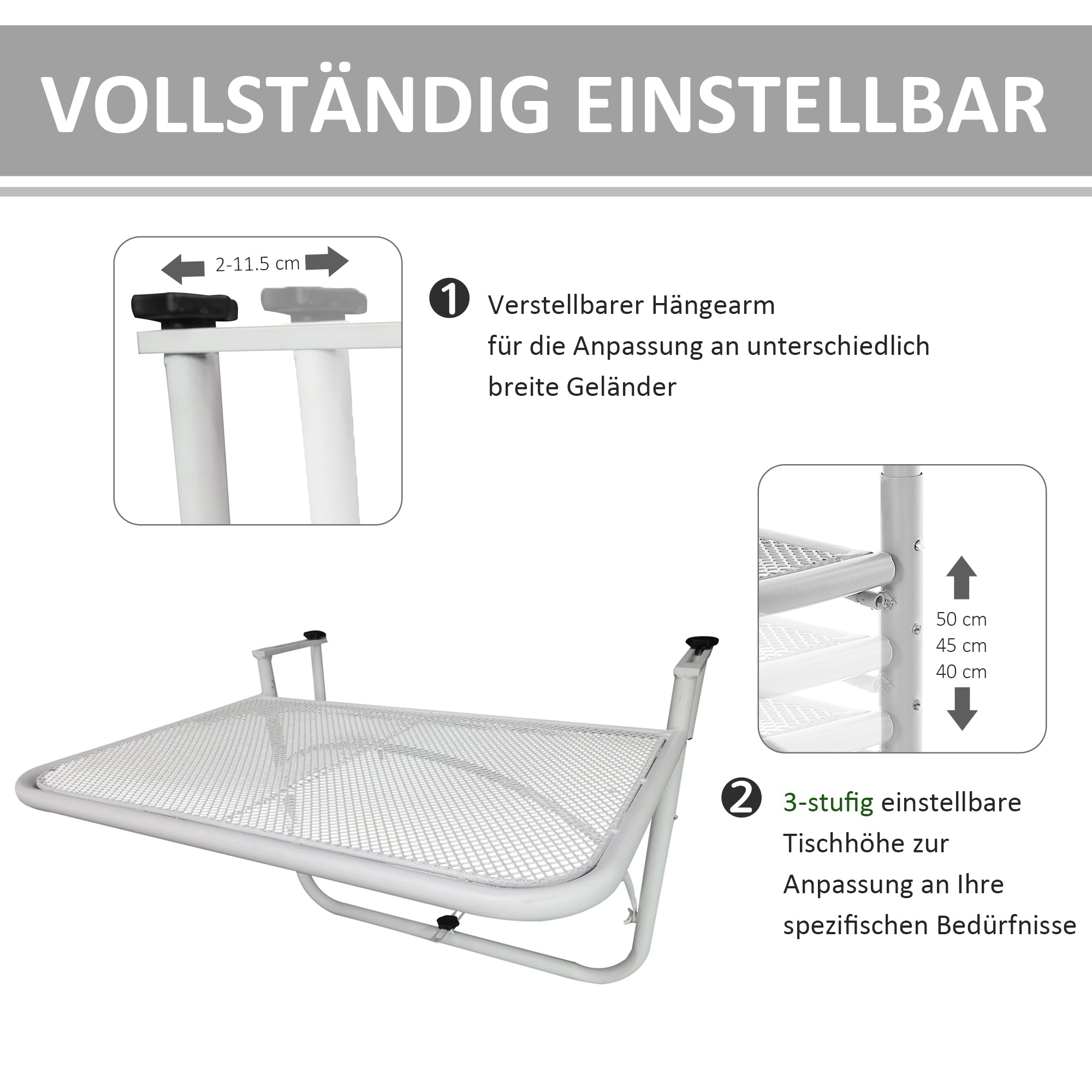 Balcony Hanging Table, Square Adjustable 60x56.5x45cm Garden, White Metal