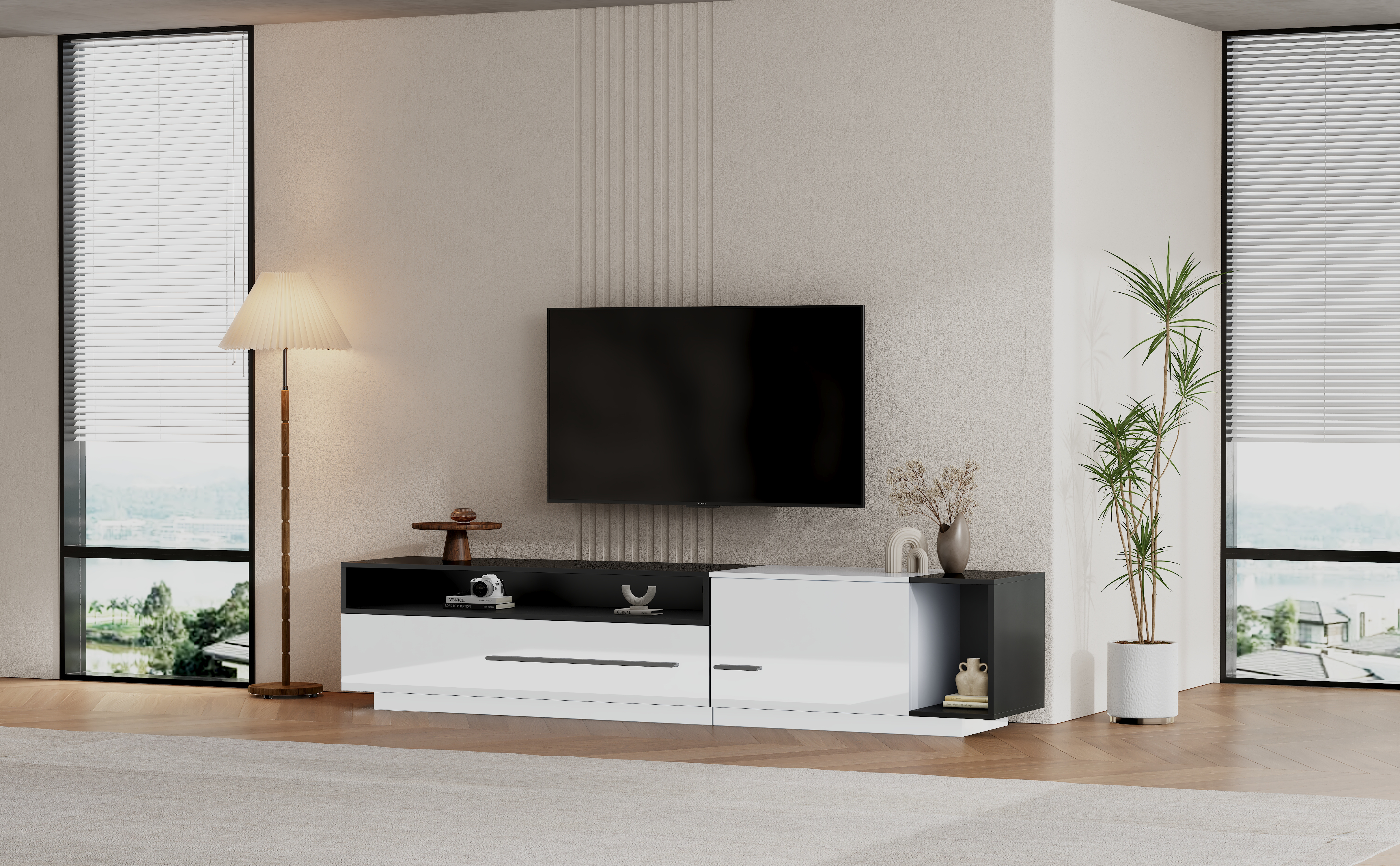 High-Gloss TV Cabinet, 170cm Lowboard for 70-inch TVs with Drawer & Door