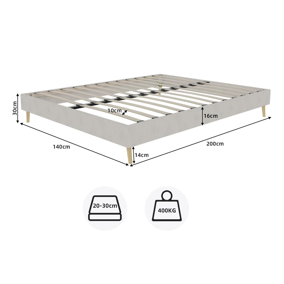 Modern Minimalist Bed Frame 140x200 Low-Profile Base - Beige Dutch Velvet