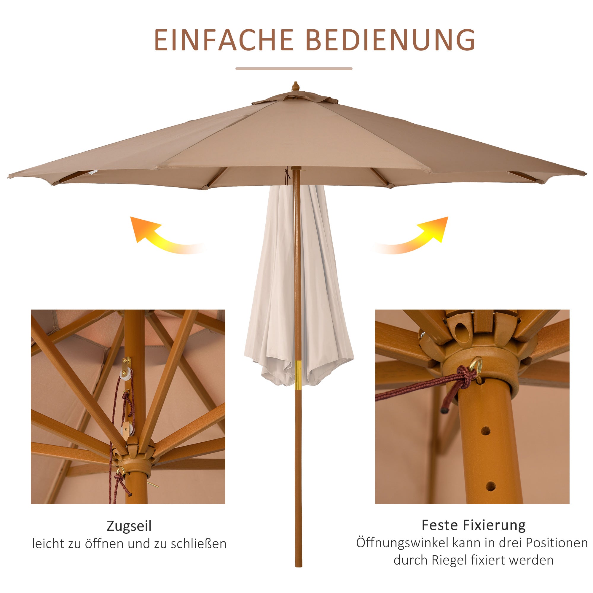 Wooden Parasol 300cm Garden Balcony Bamboo, Khaki