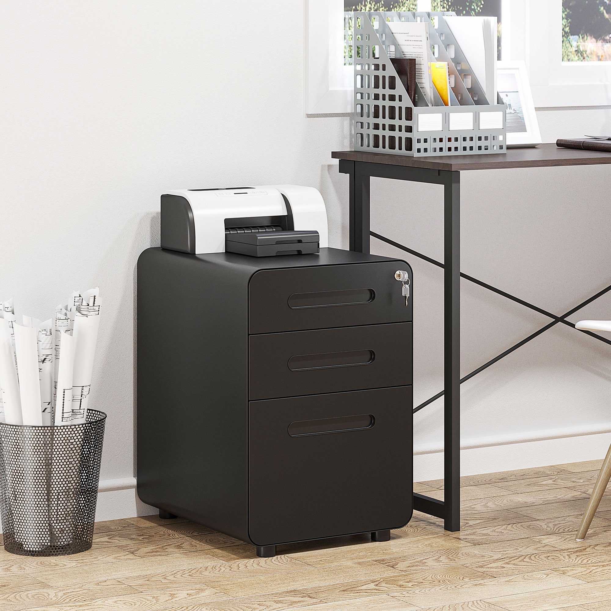 Rolling File Cabinet, 3-Drawer Office Container Steel Black