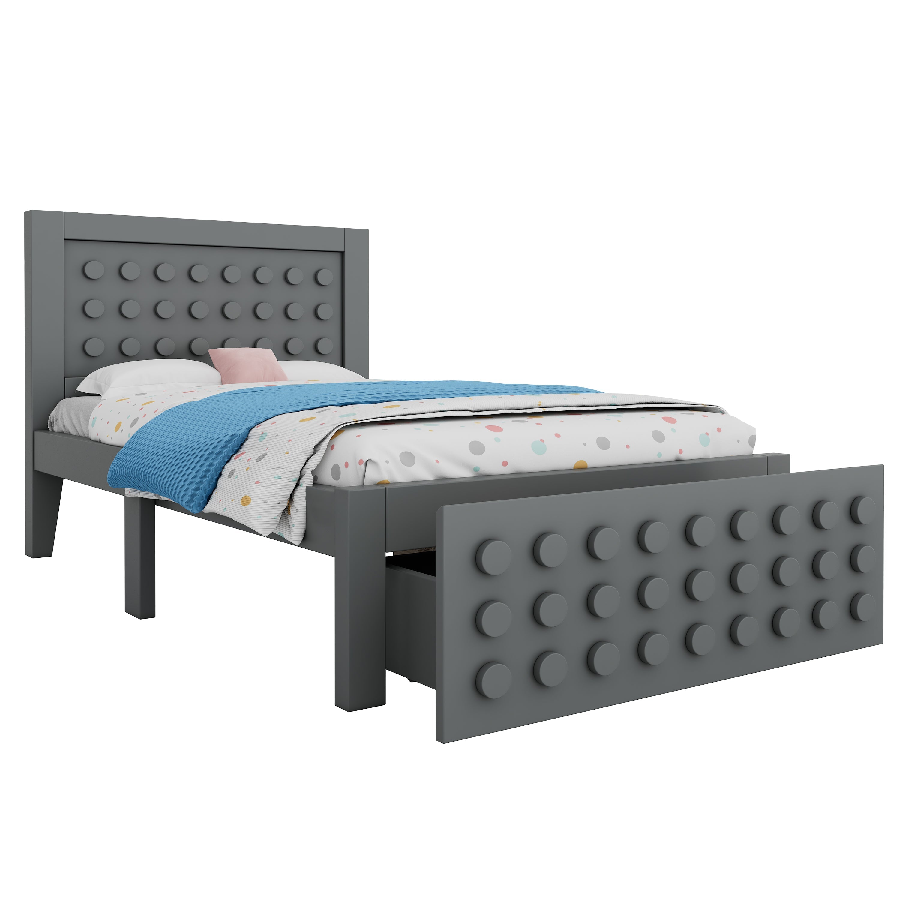 Single Bed, 90x200cm Creative Block Design with Drawers & Storage, Grey Wood
