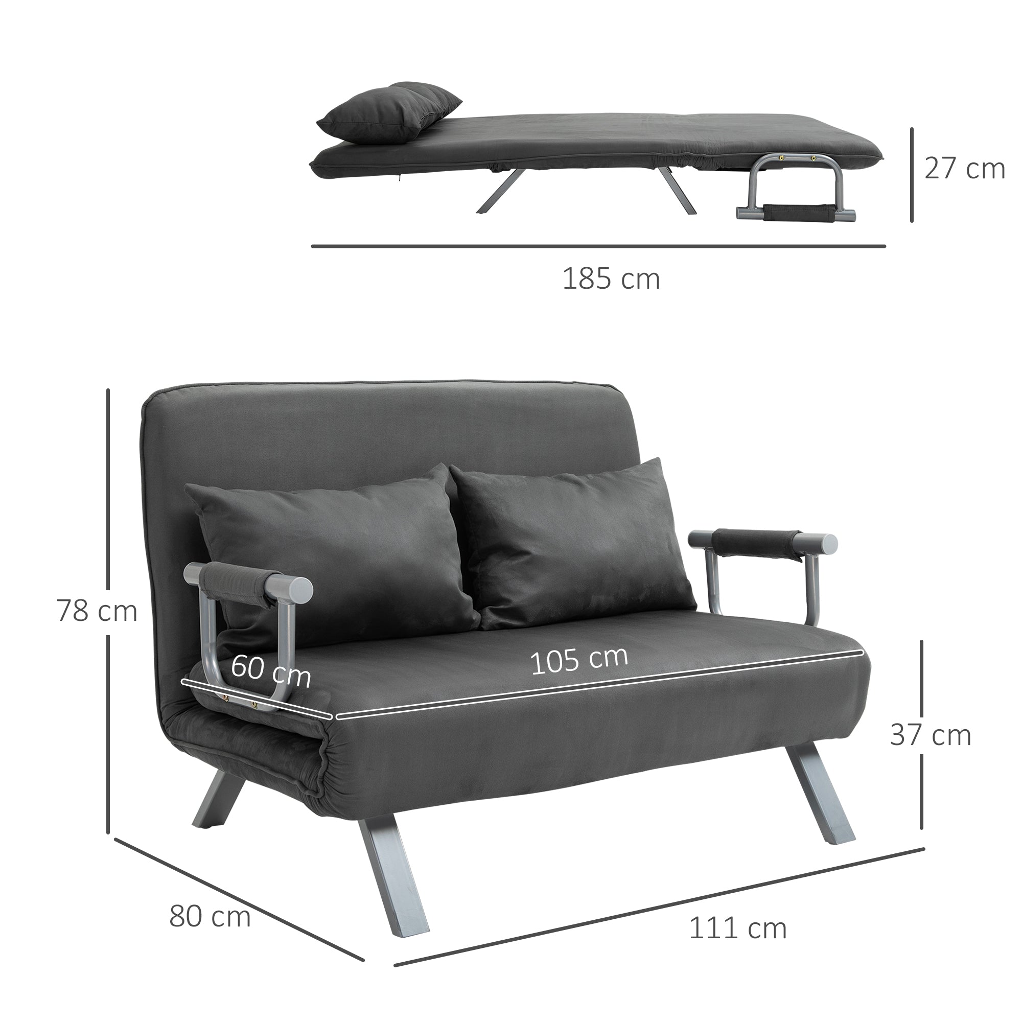 2-Sitzer Schlafsofa, Armlehnen klappbar, Gästebett, Wildlederimitat Grau