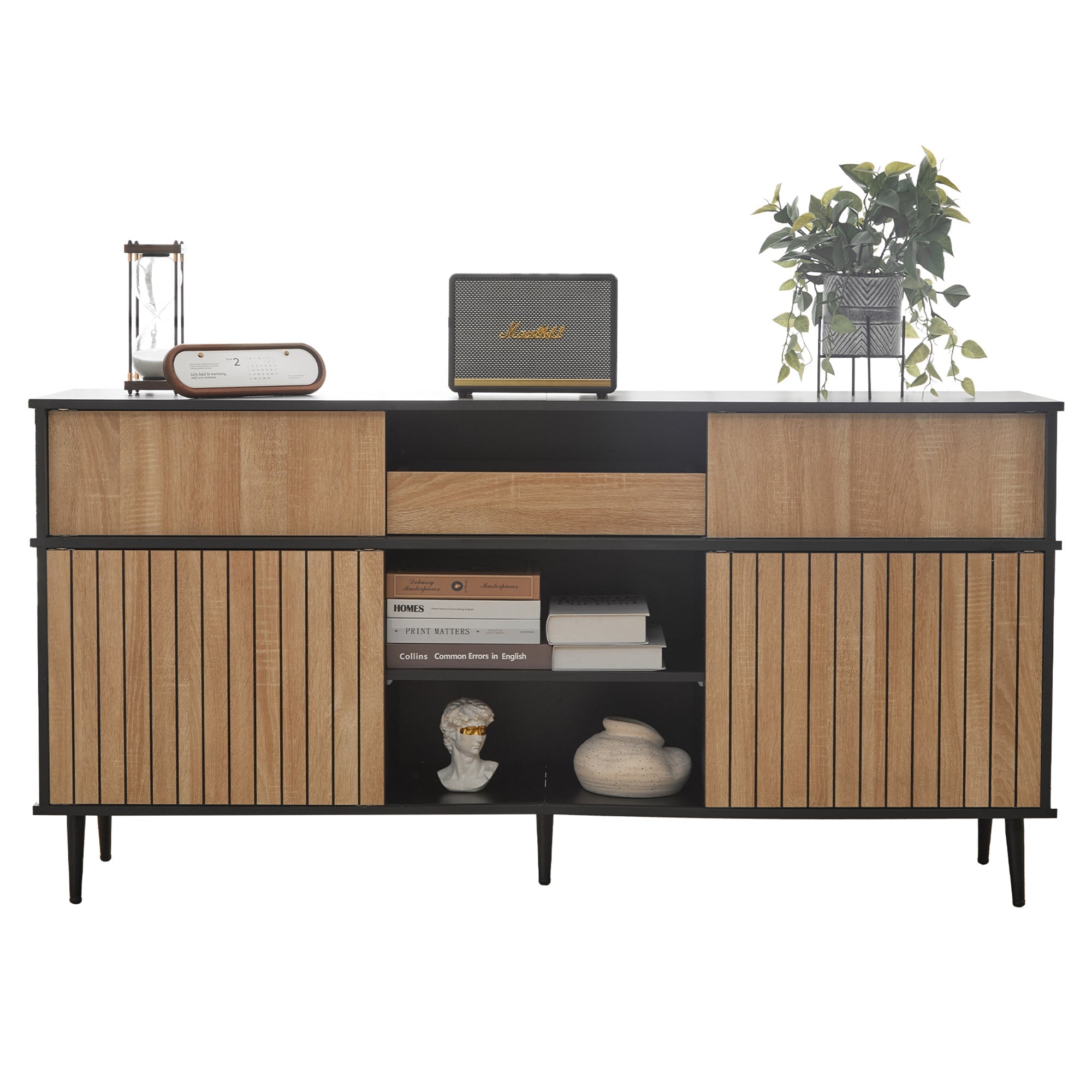 Chest of drawers with 4 sliding doors and 1 drawer, oak and black, 160W x 40D x 80H