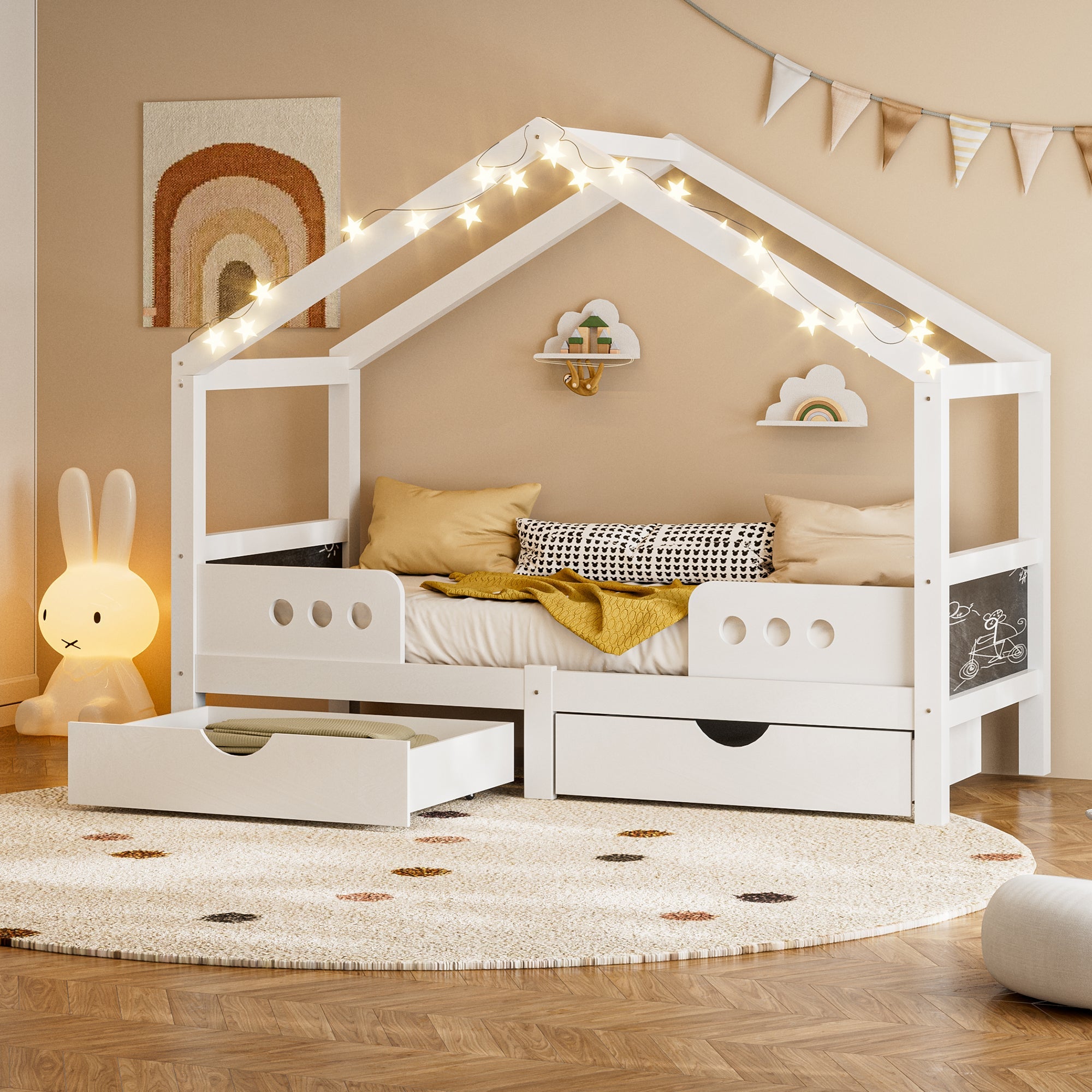 Children's Bed, Roof Design with 2 Drawers, UV Varnish Wood+MDF
