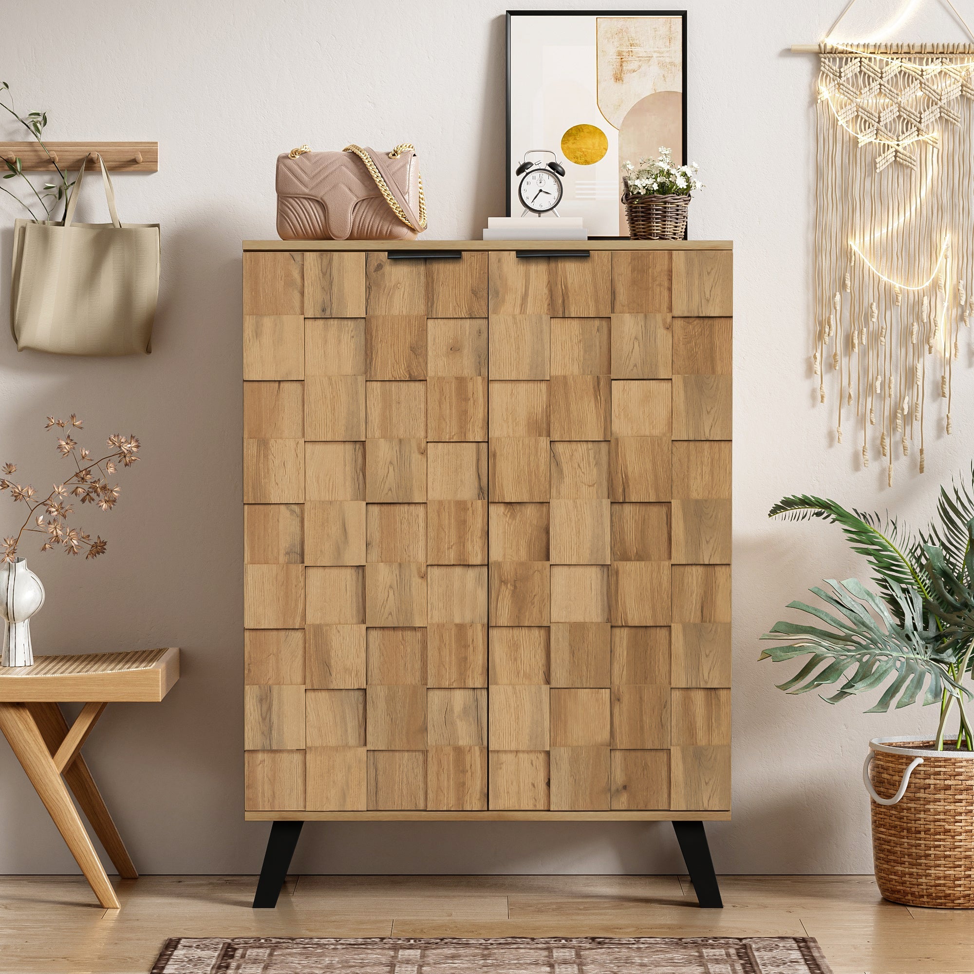 Sideboard Shoe Cabinet with 5 Adjustable Compartments, Wood