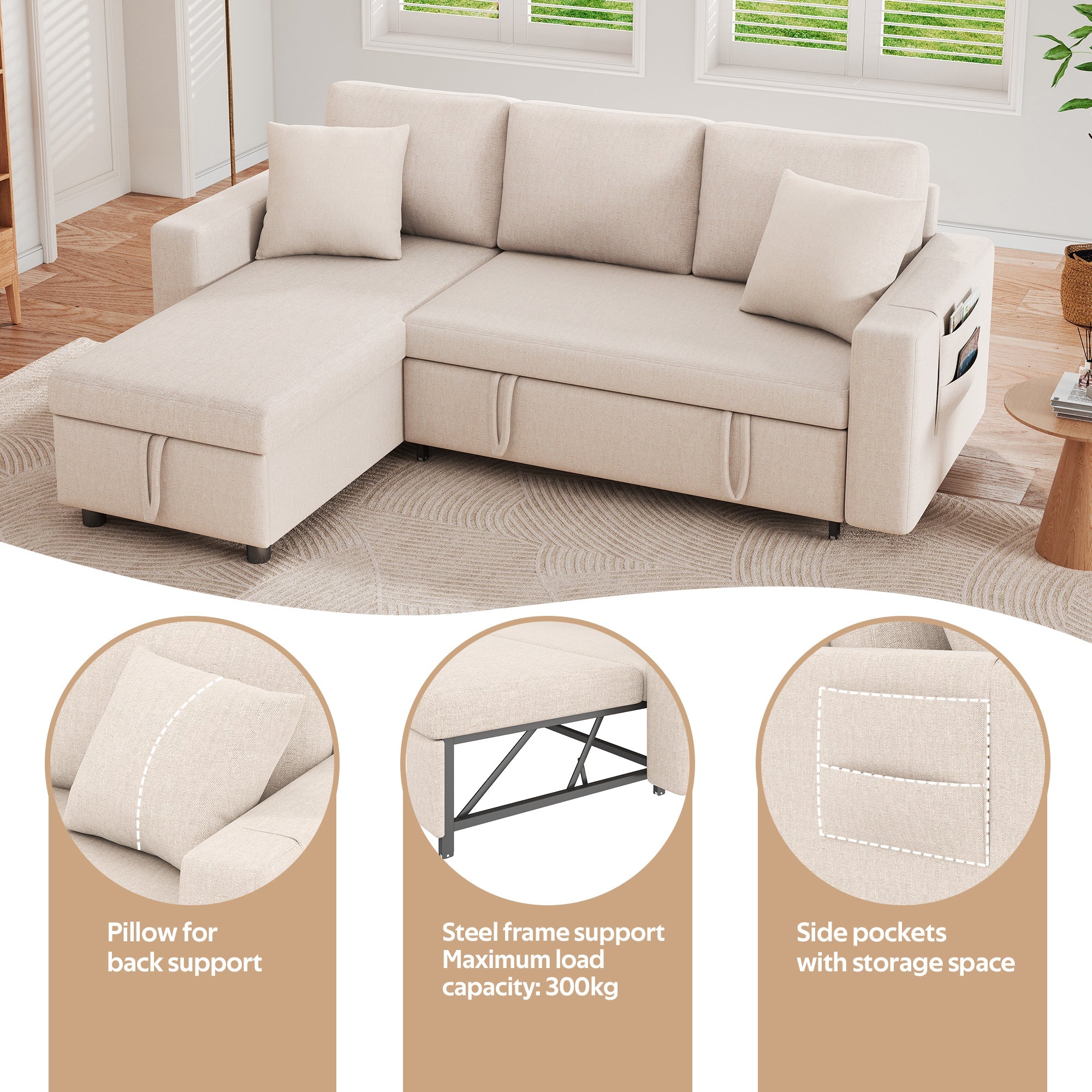 Sofa Bed L-Shaped Chaise Storage Reversible Beige