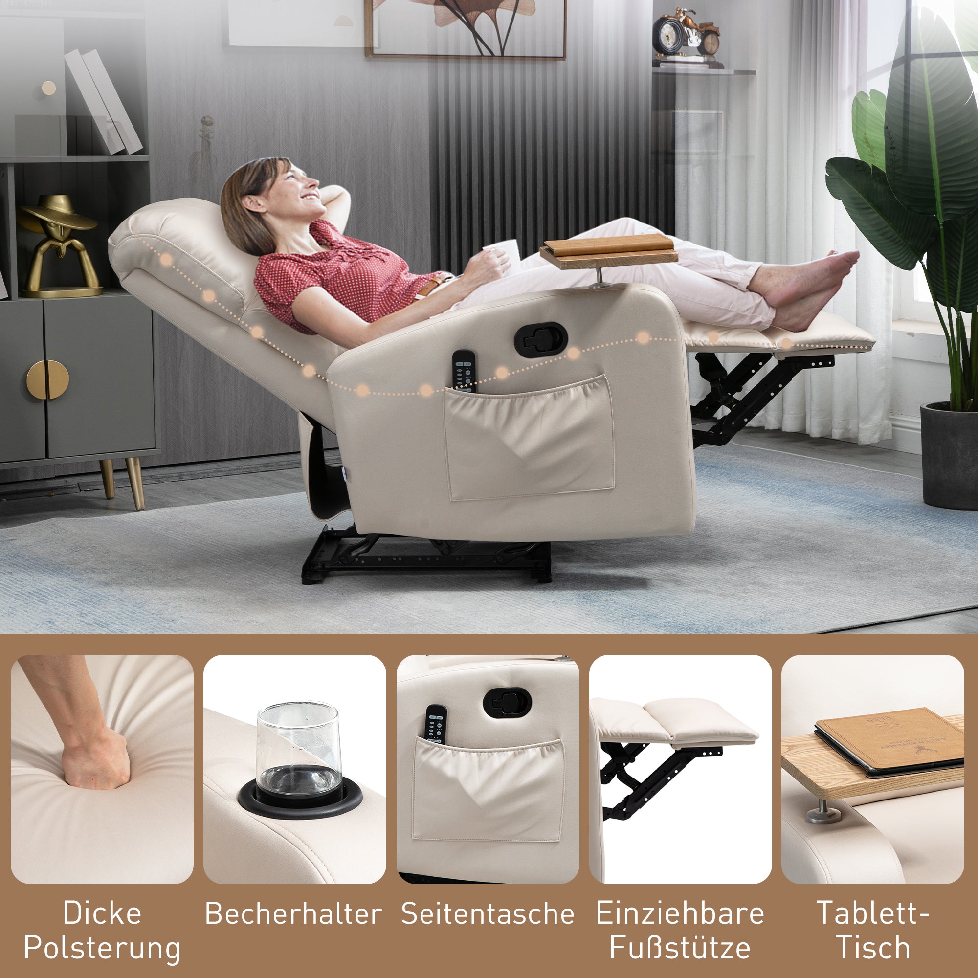Reclining Armchair, Massage Swivel Table Remote Control, Microfiber Beige