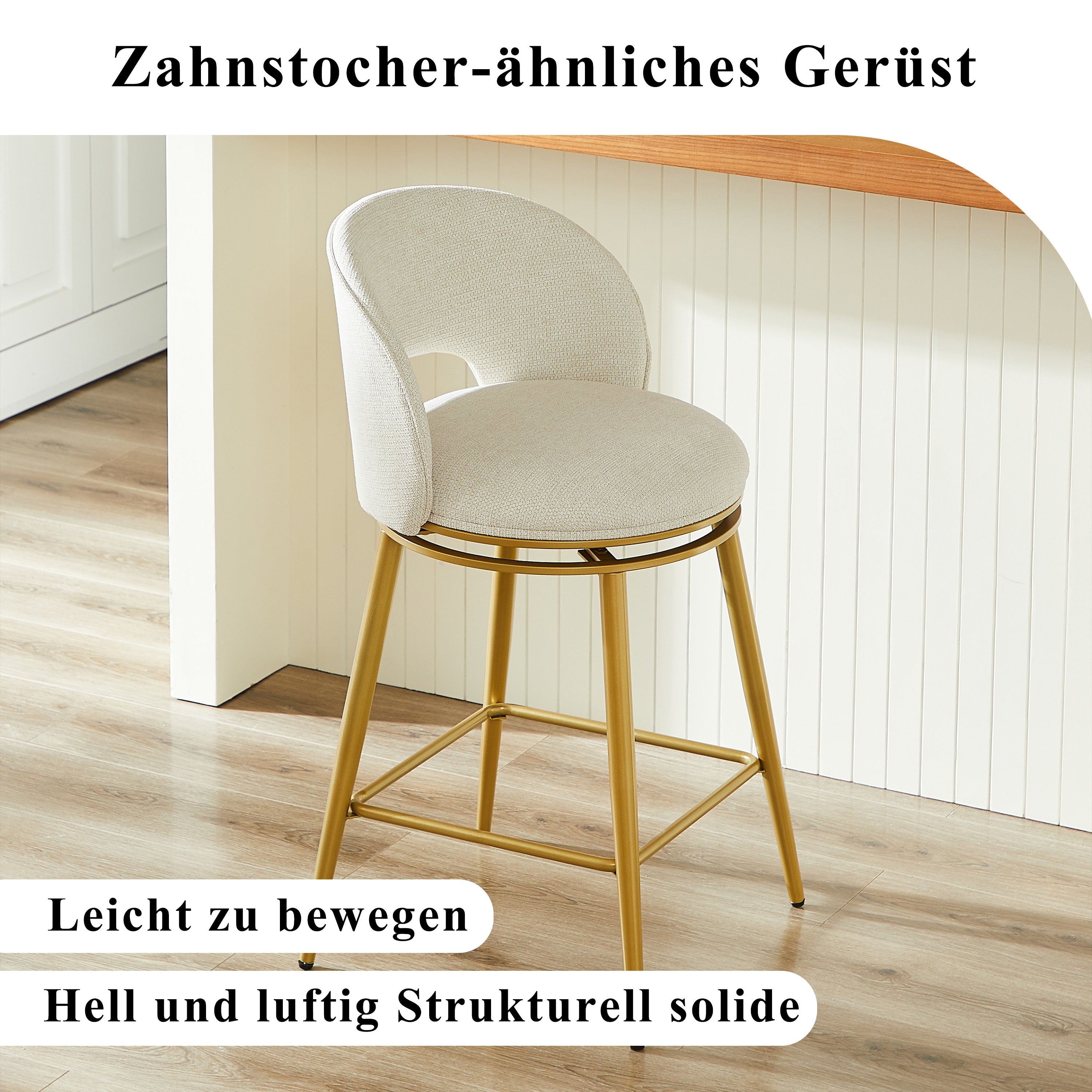 Chenille Swivel Bar Stools, Set of 2 with 360° Rotation and Cut-Out Backrest, Gold and White