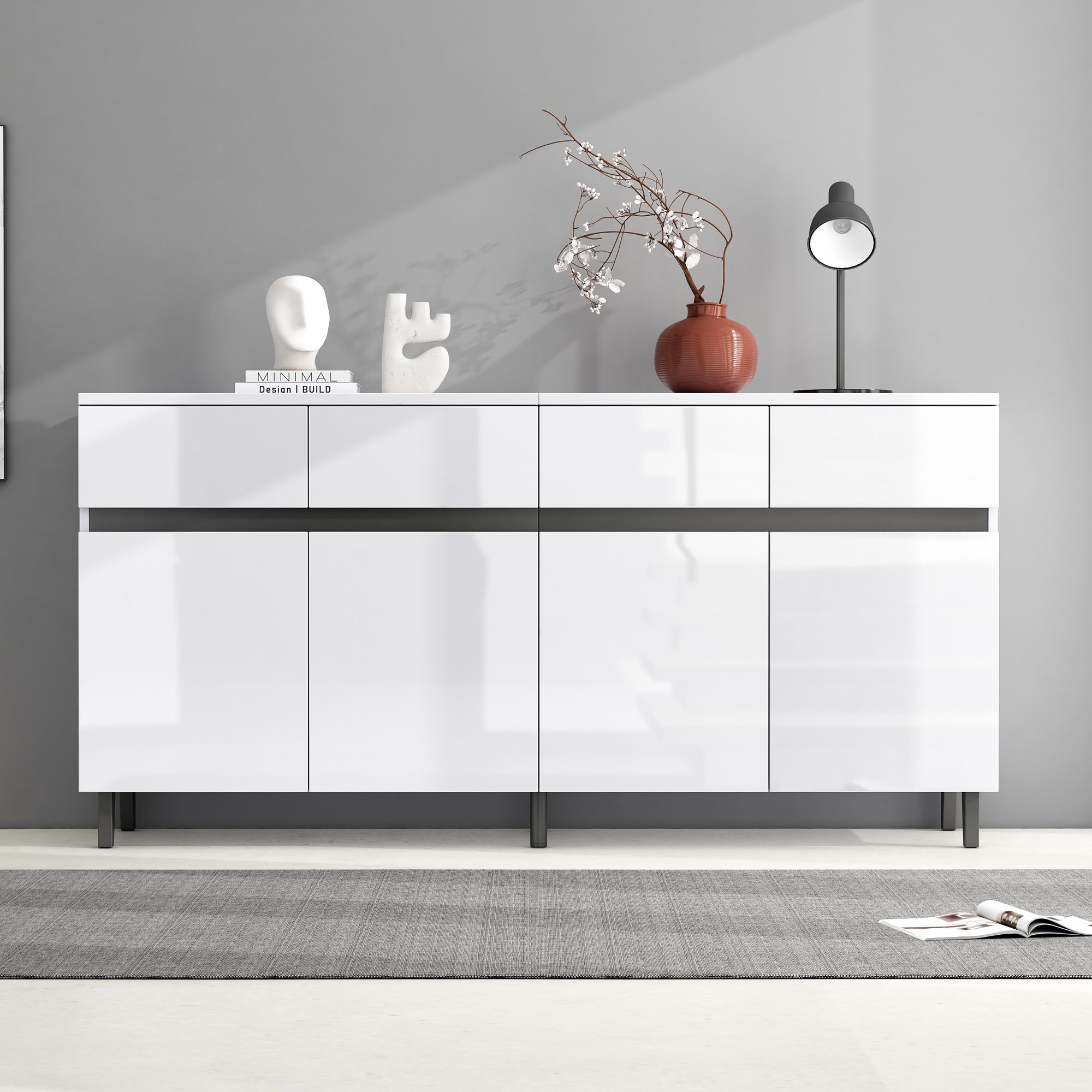 Storage Cabinet Buffet, 4 Doors 4 Drawers Adjustable Shelves, White