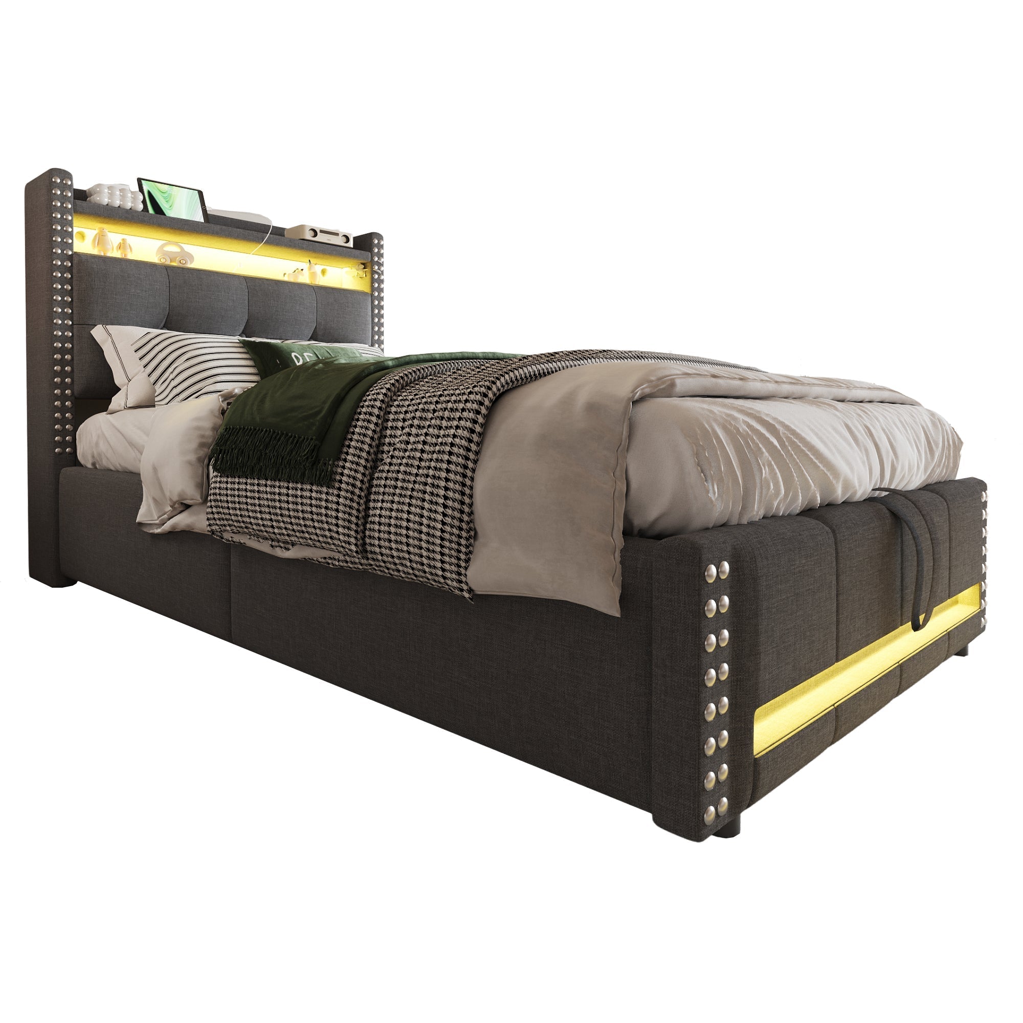 Upholstered Children's Bed 90x200cm, LED & USB, Storage Headboard, Grey Linen