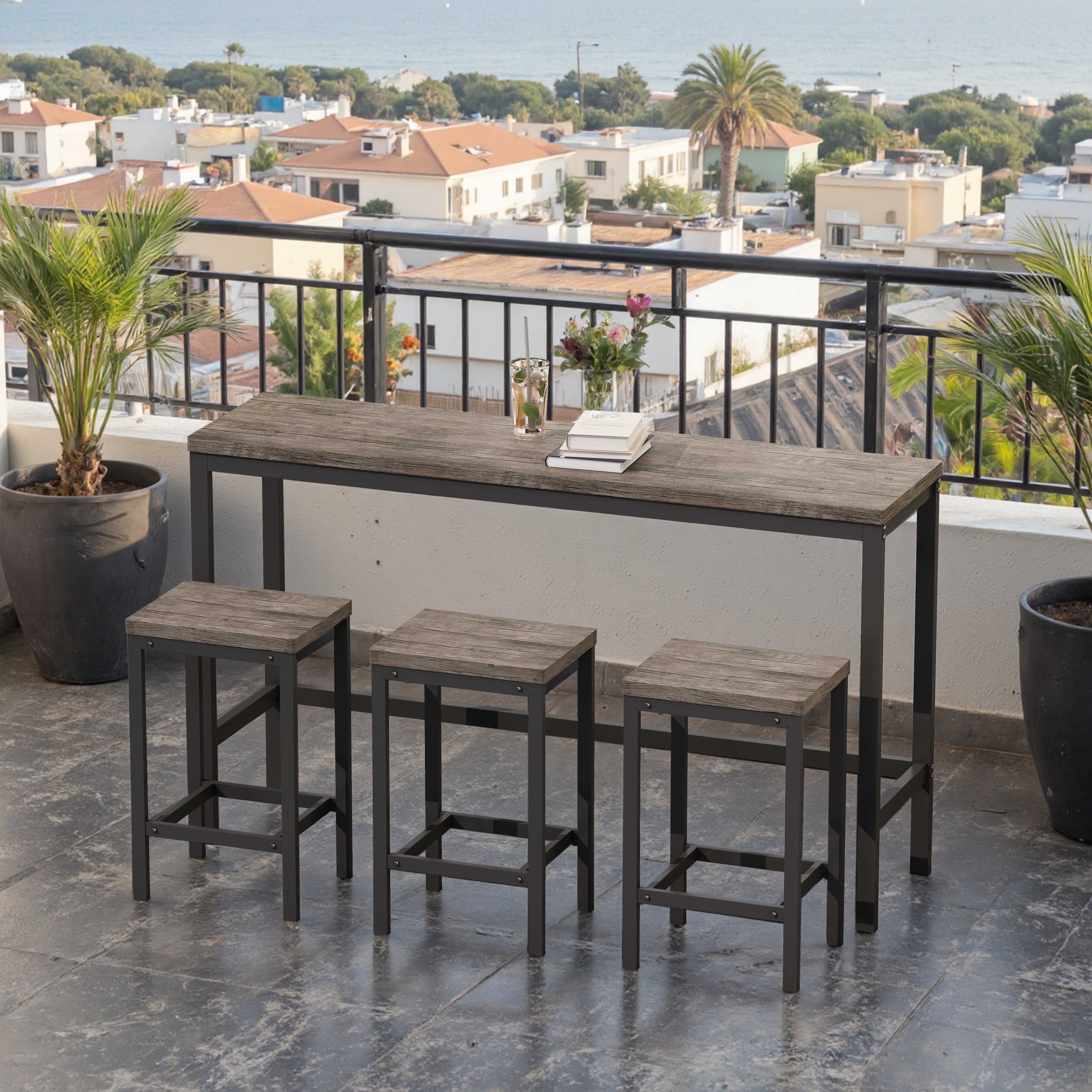 148CM Dining Table Set with 3 Stools, Modern Design, Brown Gray