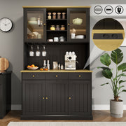 Sideboard Tall Cabinet with Glass Doors, Power Outlets & USB Ports, Black and Gold Handles