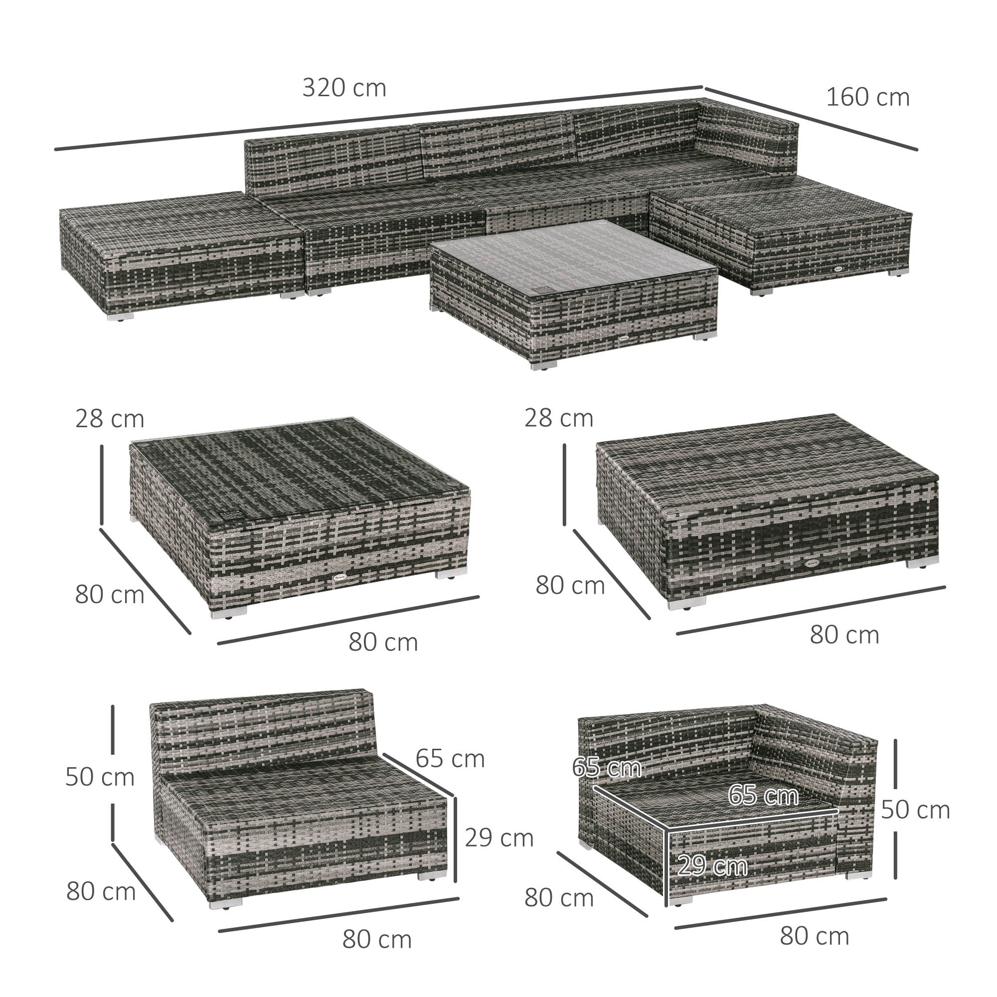 6 PC Rattan Sofa Set Sectional Wicker Weave with Coffee Table and Cushions Grey