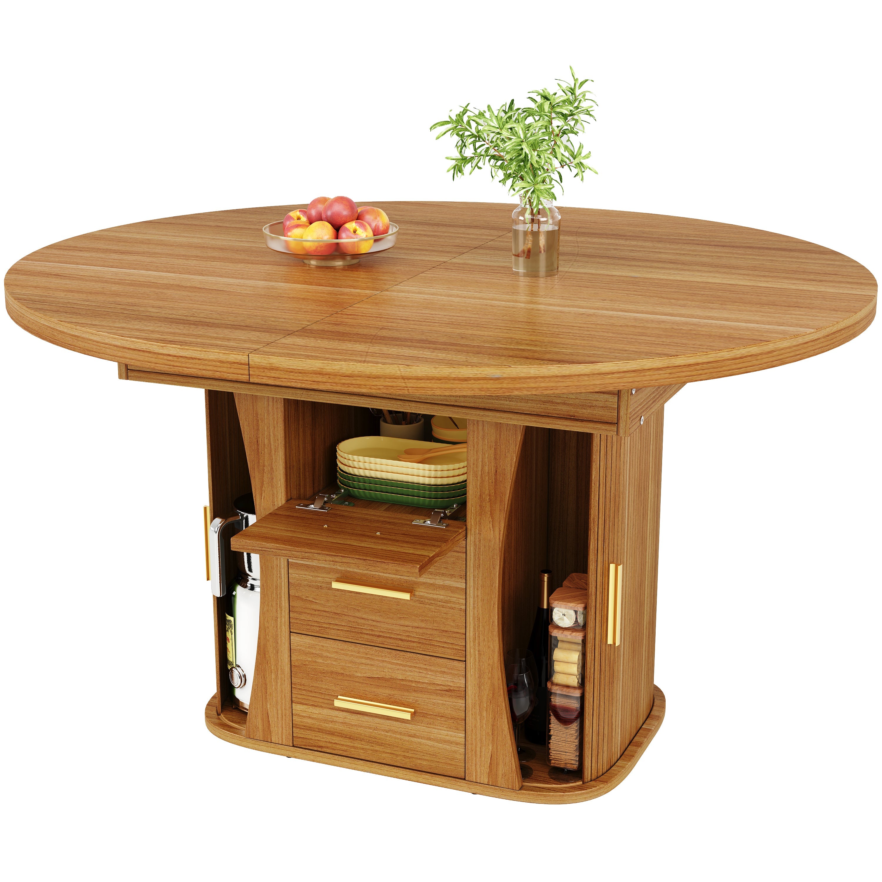 Round Dining Table to Oval with Three-Tier Storage, 118-158 cm, Walnut