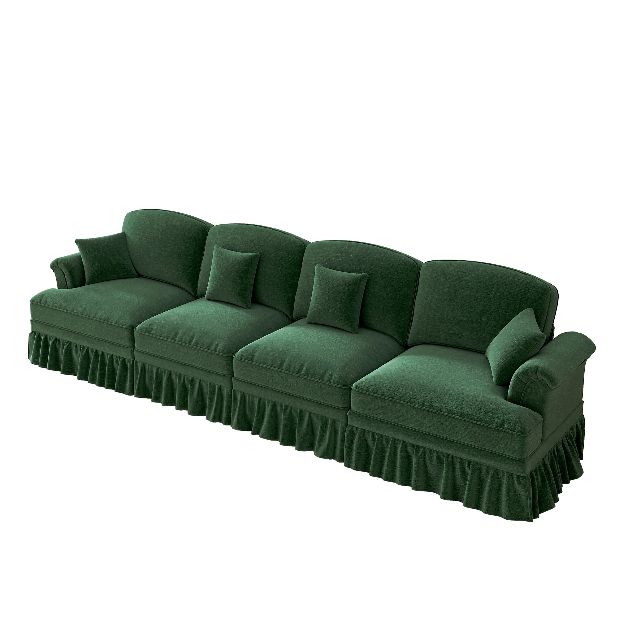 Sofa 4-Seater Mid-Century Chenille Ruffled Apron Spindle Legs - Green