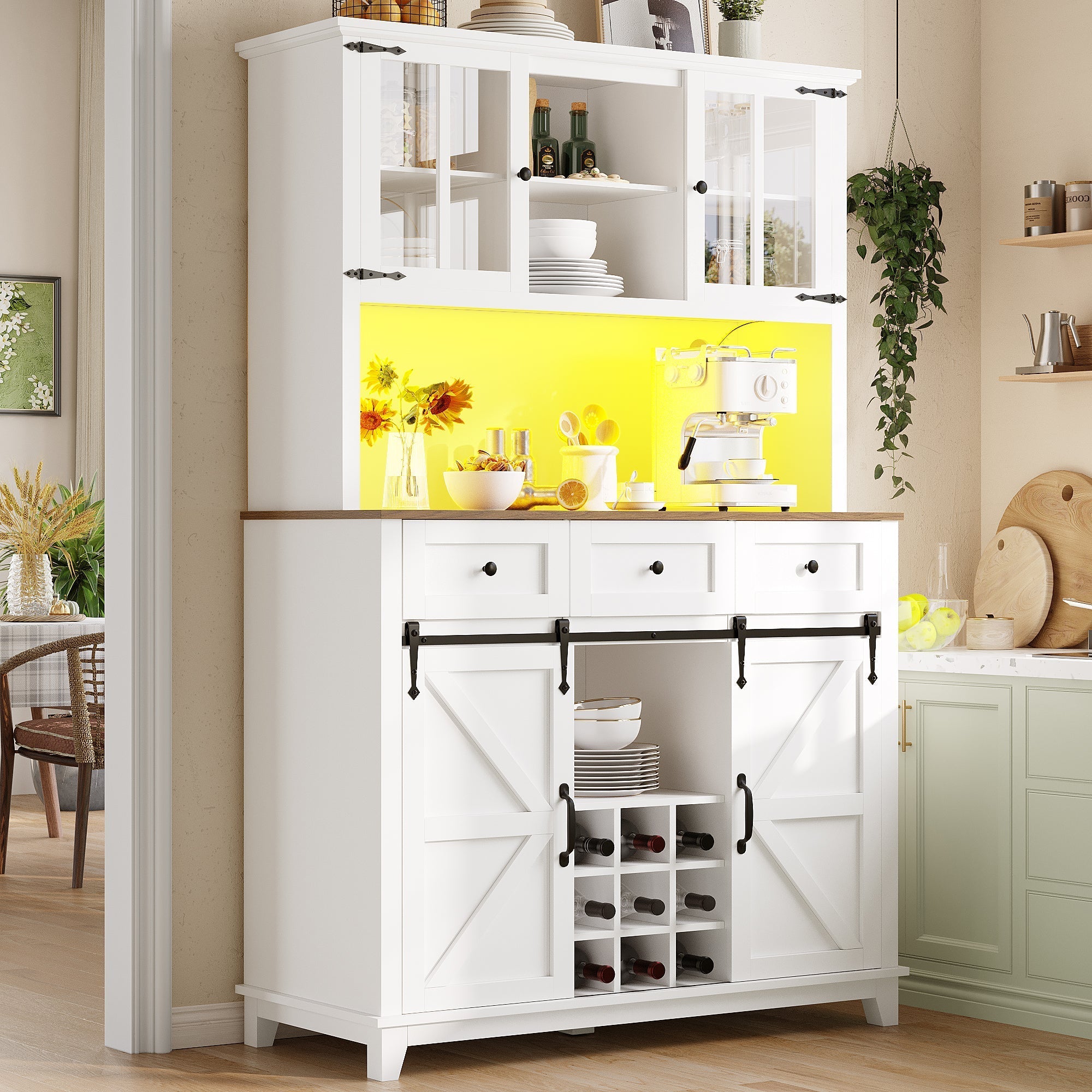 Tall Kitchen Cabinet with LED Lighting and Adjustable Shelves, White