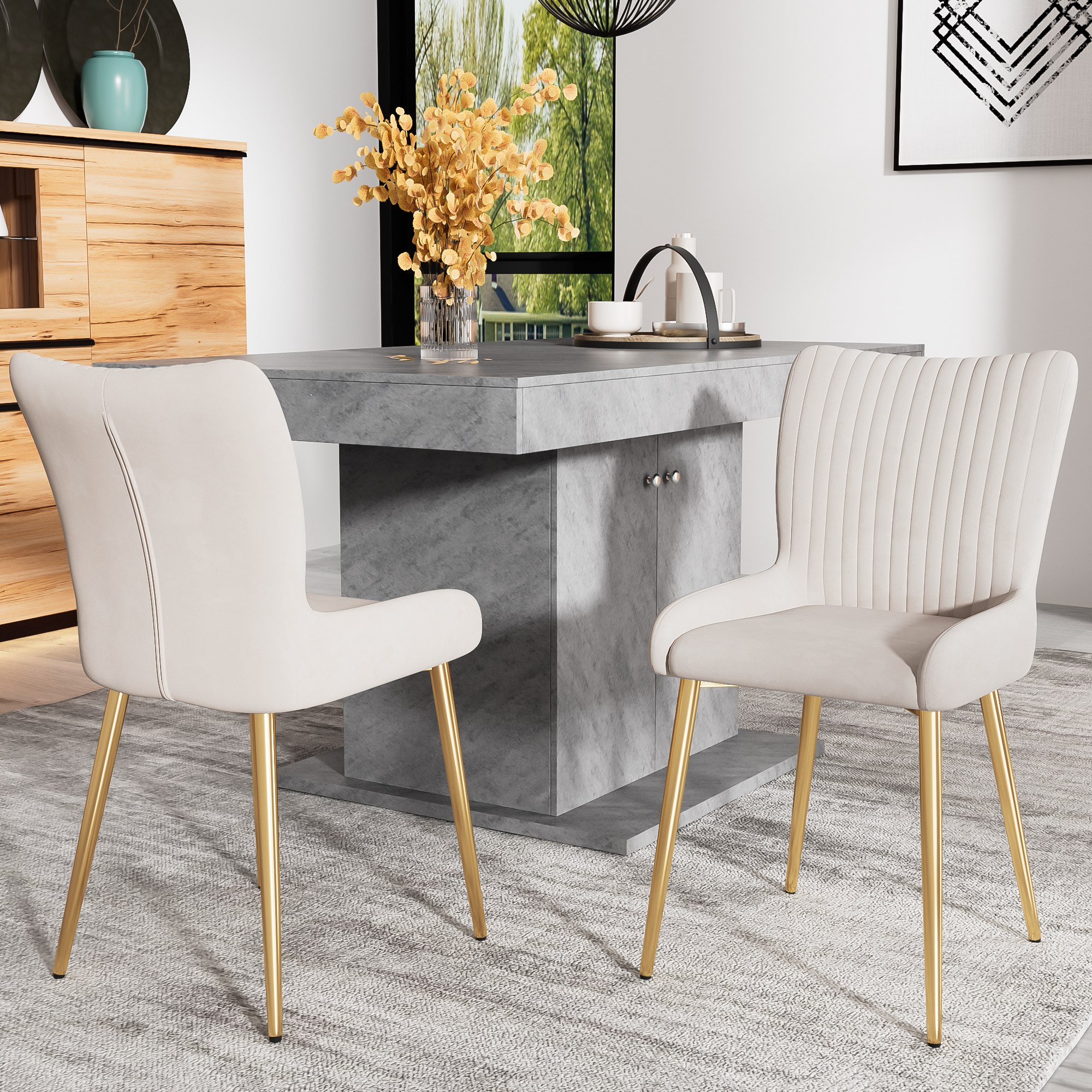 Velvet Dining Chair Set of 6 with Gold Metal Legs and Lumbar Support, Beige