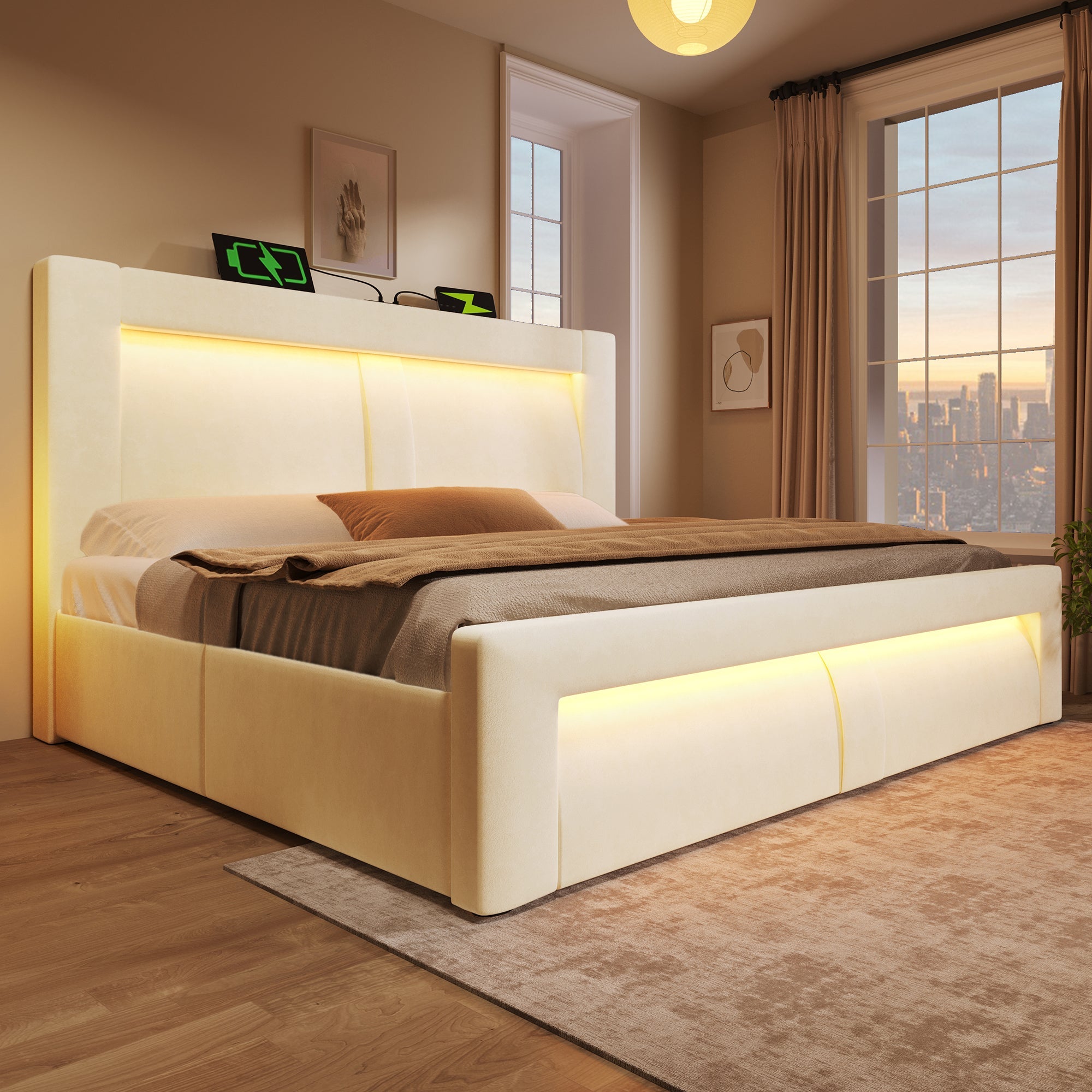 Double Bed 140x200cm, Hydraulic Storage with LED App Control and USB/Type-C Ports, Beige Velvet