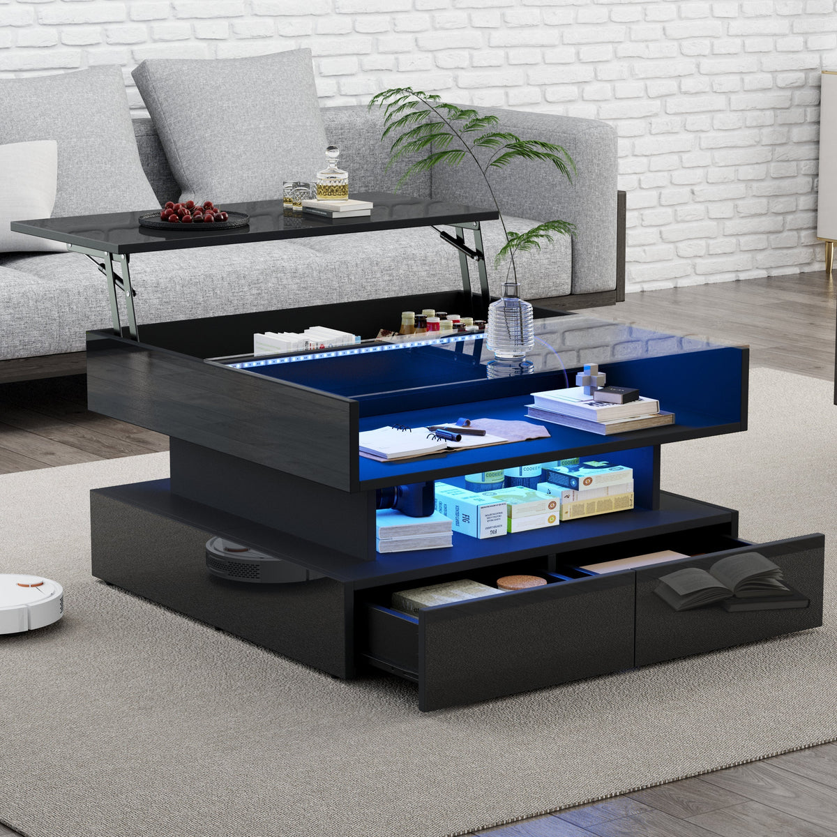 Coffee Table Height-Adjustable Hidden Storage LED Lights Tempered Glass, Black