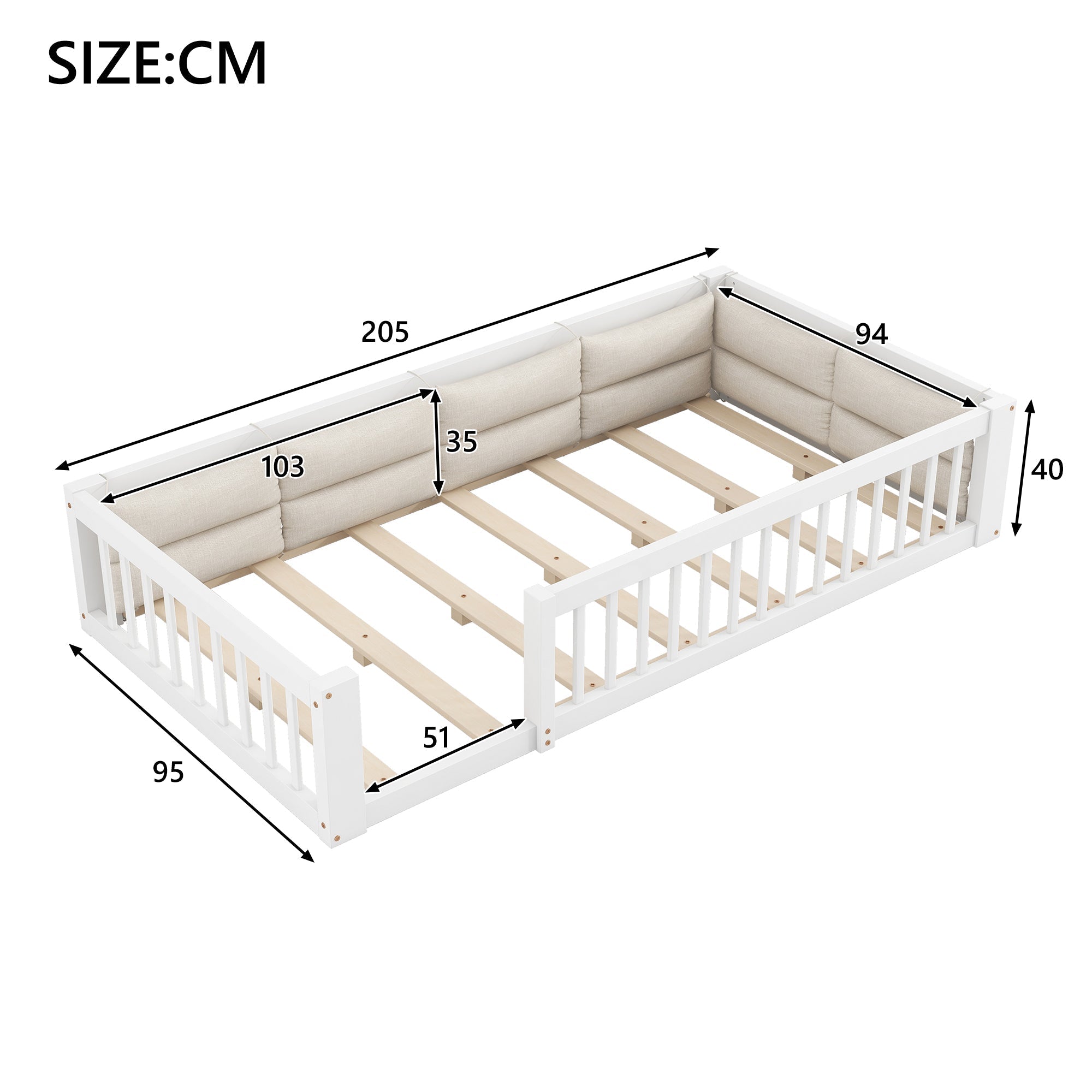 Platform Bed with Side Rails and Pillows, 90x200, White