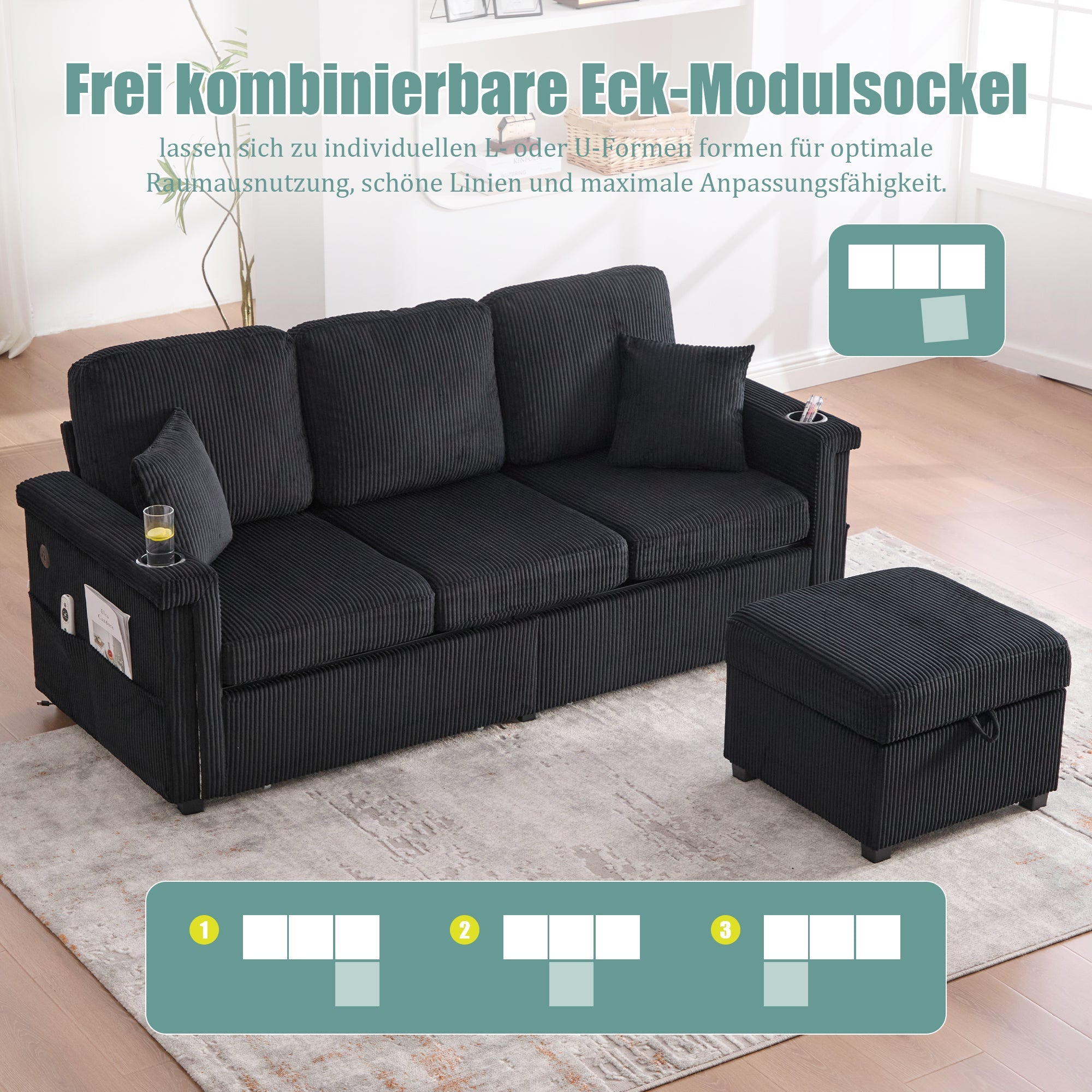 Velvet Sofa with LED & USB-C, Storage Footrest, Cup Holders, Black