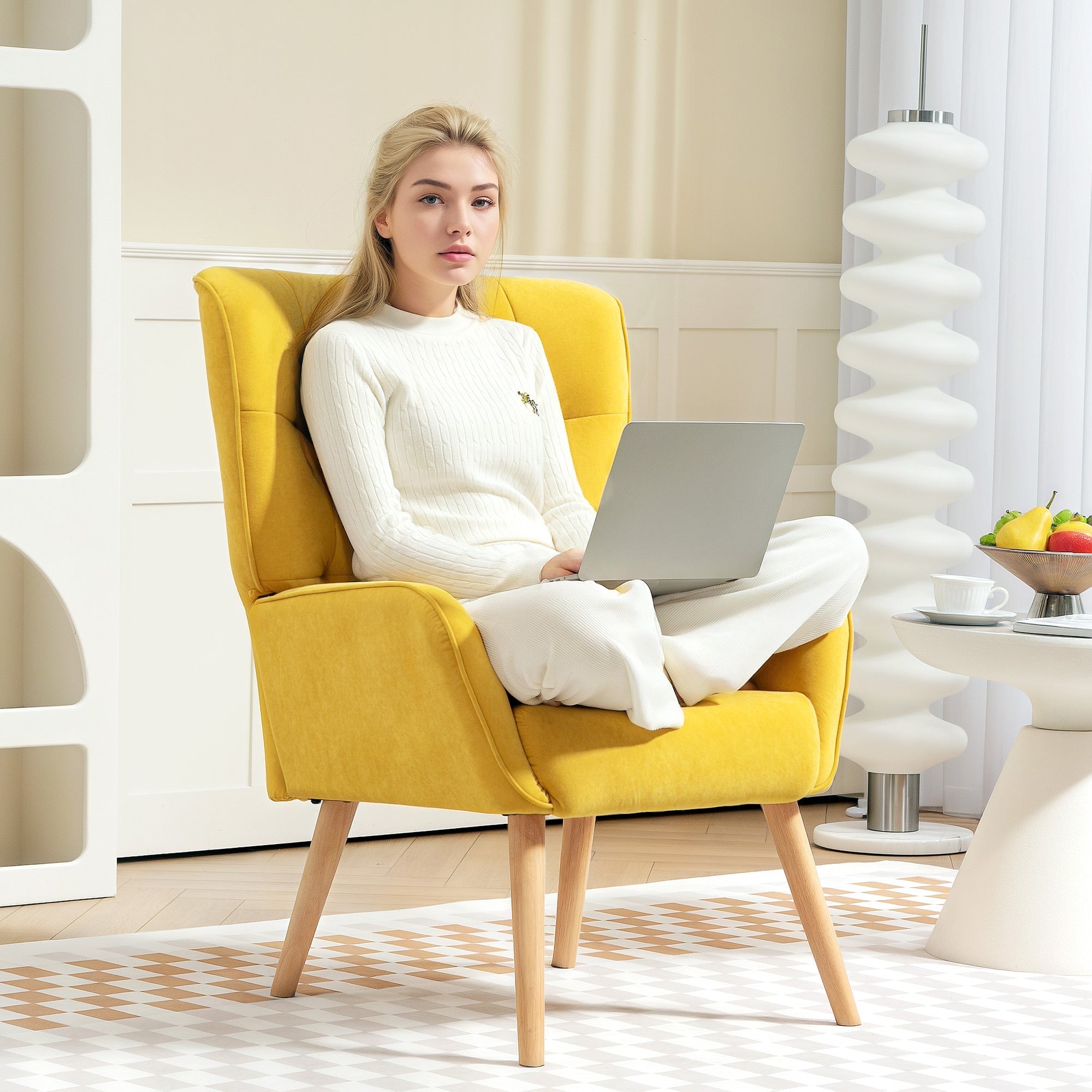 Armchair Lounge Relaxing Reading Upholstered Velvet Yellow