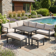 Garden Dining Set, 9-Person Corner Configuration with Table, Benches, Chairs and Sofas, Beige Plastic-Wood Tabletop