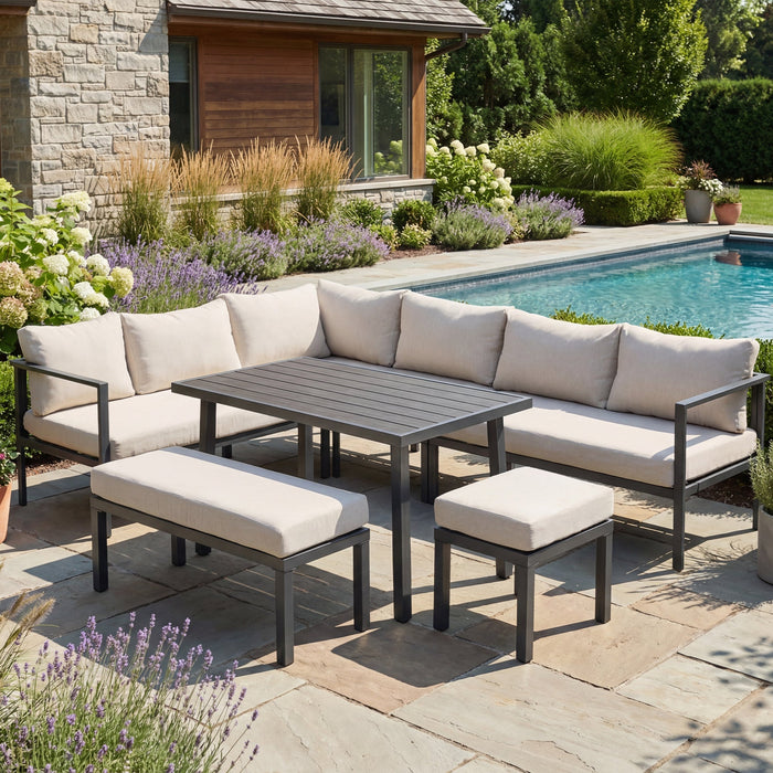 Garden Dining Set, 9-Person Corner Configuration with Table, Benches, Chairs and Sofas, Beige Plastic-Wood Tabletop