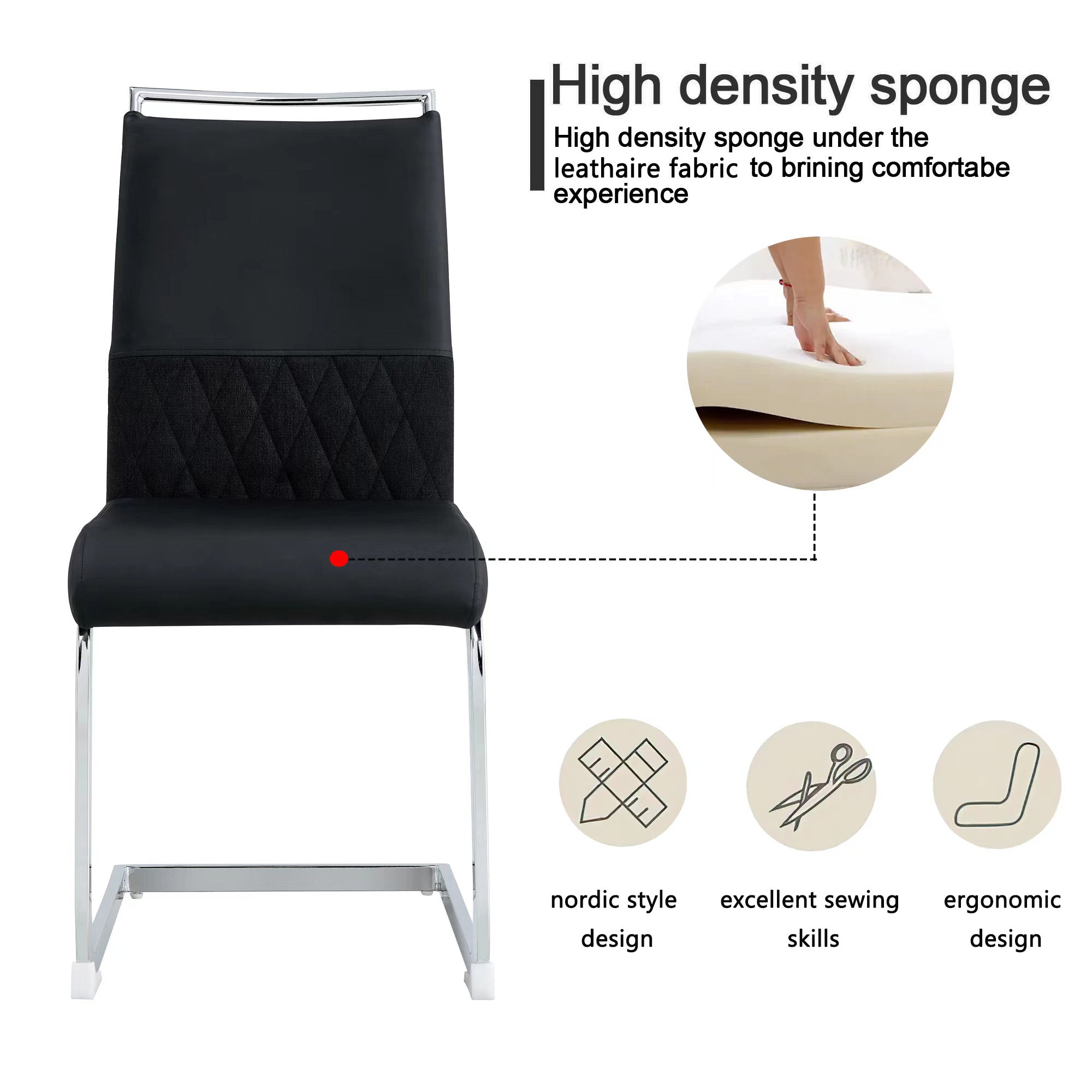 Modern dining chairs set of 2, high back padded side chair with horizontal stripes backrest design, black PU faux leather and linen
